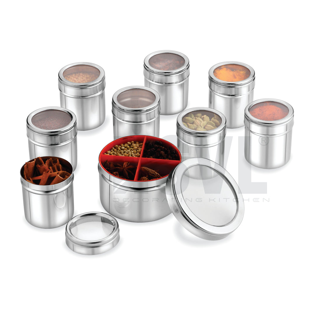 Nsvl Stainless Steel 12 IN 1 Masala Box for Kitchen | Masala Container | Spice Box for Kitchen | Masala Dabba/Masala Spice Box with See through lid 4 Spoons | Silver (2.5 Ltr / 22.5cm)