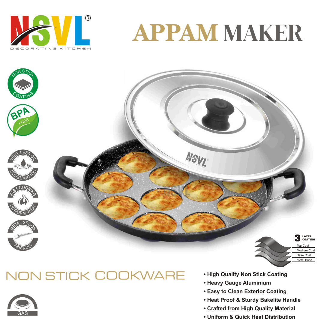 NSVL Non Stick 12 Cavity Appam Patra Handle with Lid, Paniyarakkal | Paniyaram | Appam Pan | Aebleskiver Maker