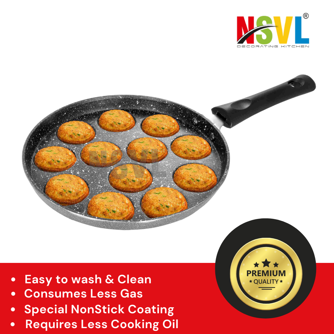 Nsvl Appam Patra with 12 Cavity Heavy Duty Aluminum | Single Handle| Litti Maker Paniarakkal with Lid 1 L Capacity 24 cm Diameter (Aluminium, Non-Stick)