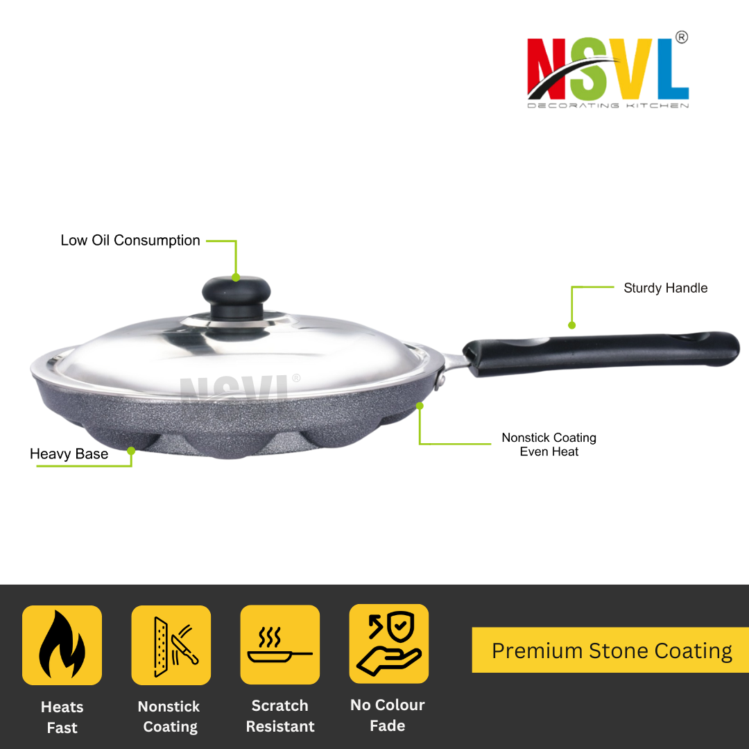 Nsvl Appam Patra with 12 Cavity Heavy Duty Aluminum | Single Handle| Litti Maker Paniarakkal with Lid 1 L Capacity 24 cm Diameter (Aluminium, Non-Stick)