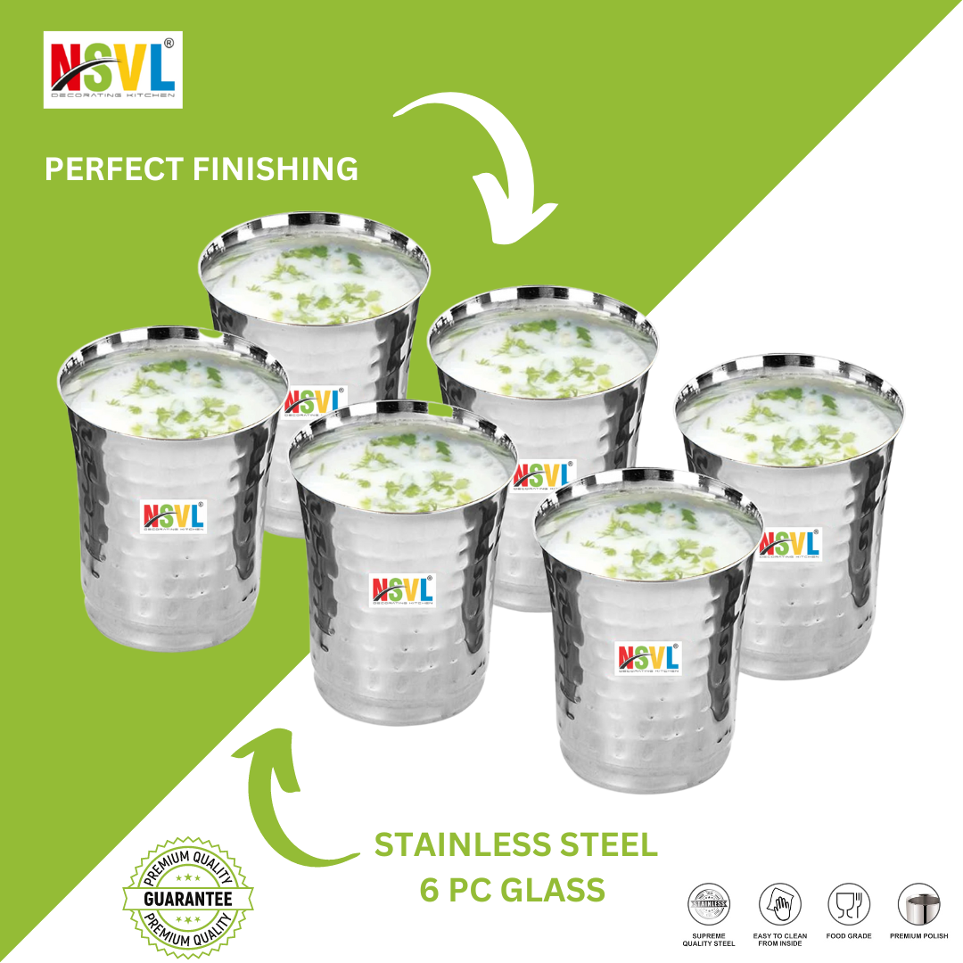 NSVL Stainless Steel Hammered Finish Design Heavy Gauge Drinking Glass/Glossy Finish Design Glass for Water, Milk, Juice, Soft Drinks