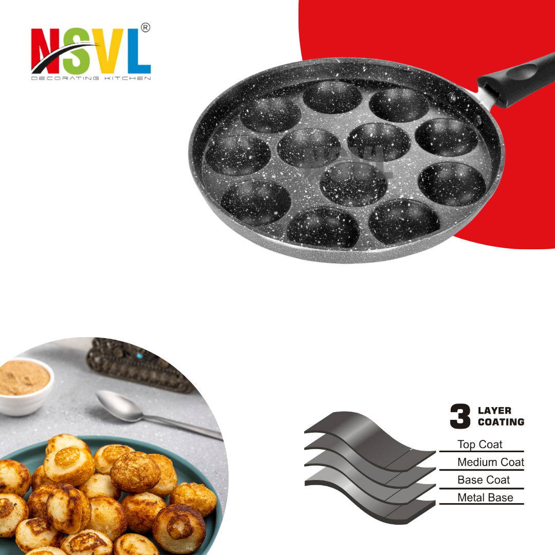 Nsvl Appam Patra with 12 Cavity Heavy Duty Aluminum | Single Handle| Litti Maker Paniarakkal with Lid 1 L Capacity 24 cm Diameter (Aluminium, Non-Stick)