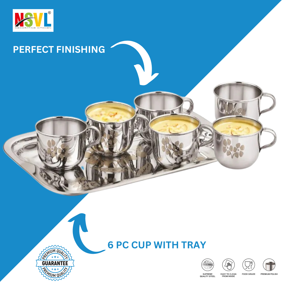 Pack of 7 Stainless Steel Stainless Steel Tea & Coffee Set (6 PCs Cups with Tray) 130ml (Silver)