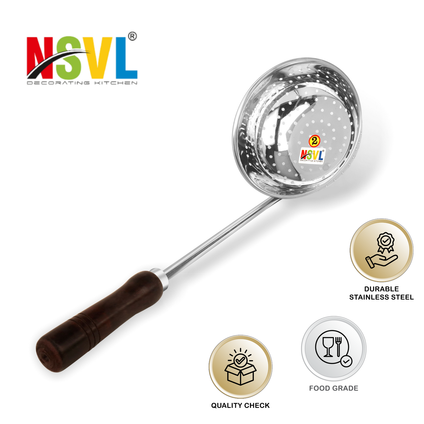 NSVL Stainless Steel Poha Jhara / Poha Strainer , Steel Food Strainer , Boondi strainer Silver (Exclusive Black Handle)