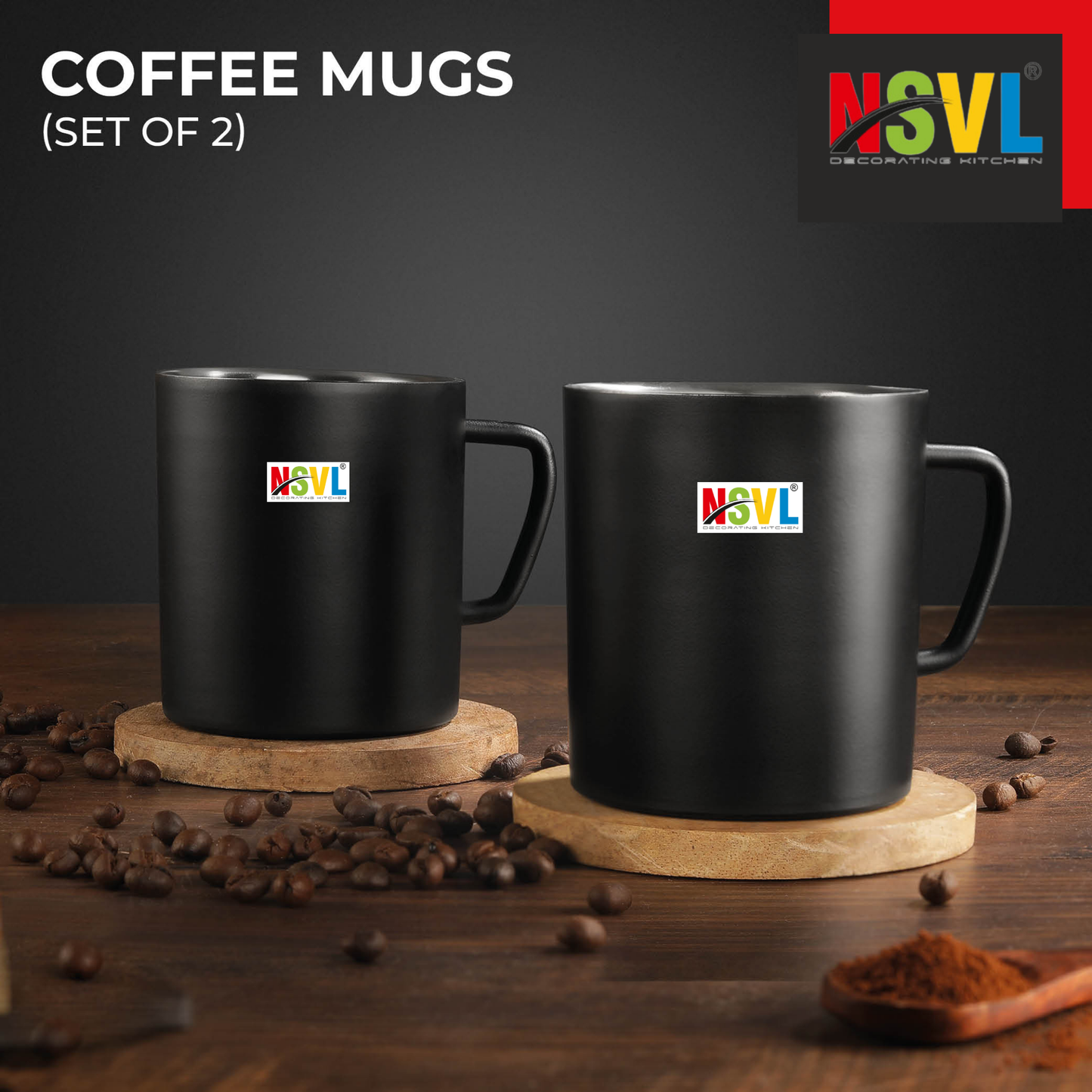 NSVL Black Coated Premium Double Wall Coffee Mug, Set of 2 (250ML Each)| Tea Cup with Handle and Flat Base