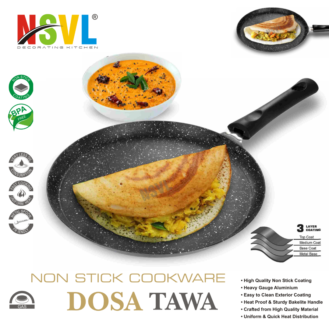 NSVL Aluminium Non-Stick Dosa Tawa with Handle| Granite Finish | Pfoa Free | High Temperature Resistant Exterior Coating | 26.5Cm | Black