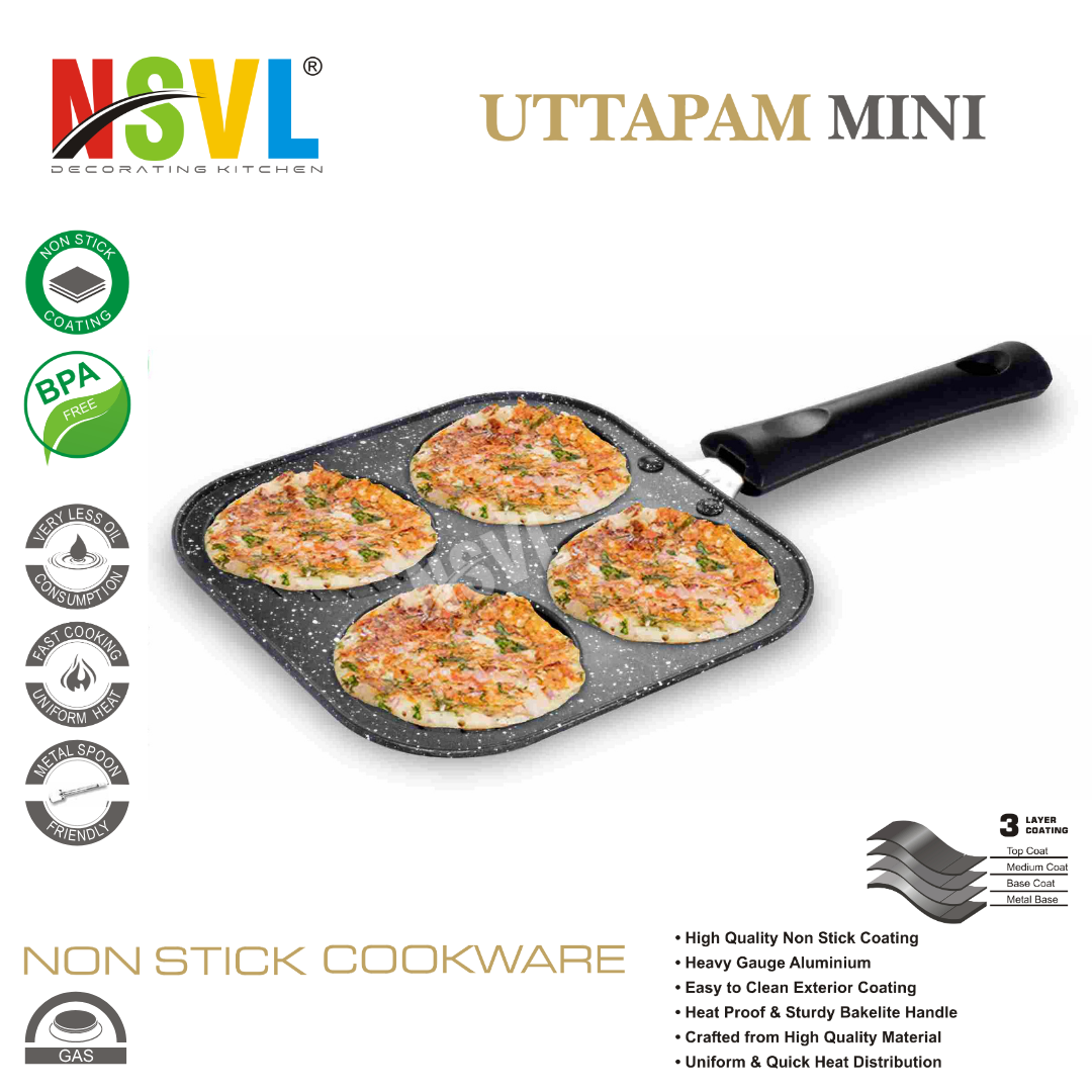 NSVL Non Stick Grill Pan Mini Pan Uttapam Tawa Aluminum Multi Snack Maker 4 Cavity, Pancake Maker (Black)