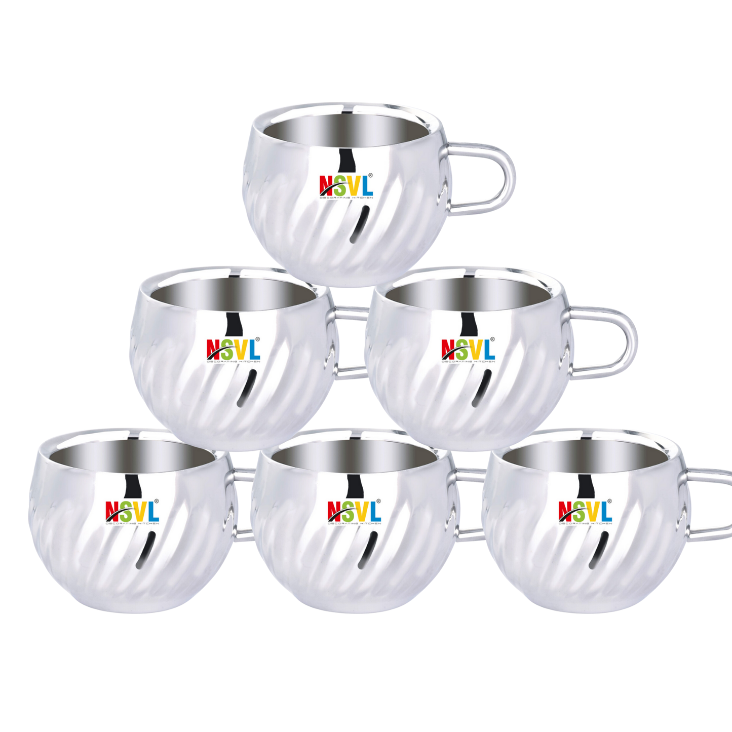 Nsvl 100% Stainless Steel Waves Tea Cups Set of 6 Pcs | Double Wall Tea & Coffee Cups | Mirror Finish Cups | Laser Design, Break Resistant