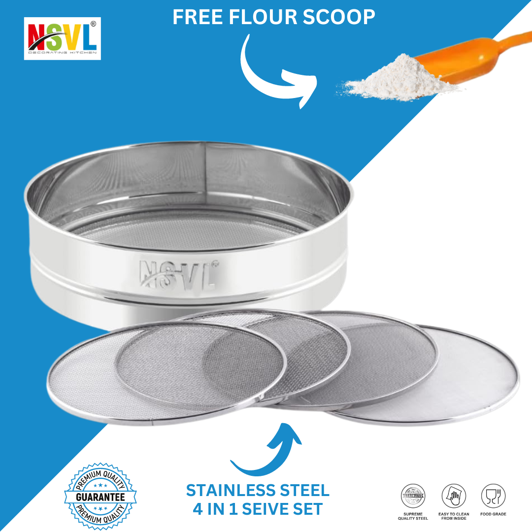 Nsvl Lite Stainless Steel 4 in 1 Interchangeable Sieve/Chalni 1 Unit | Set of 5 | Silver | Gehu/Flour/Atta/Maida Chalni/Spices/Food Strainers