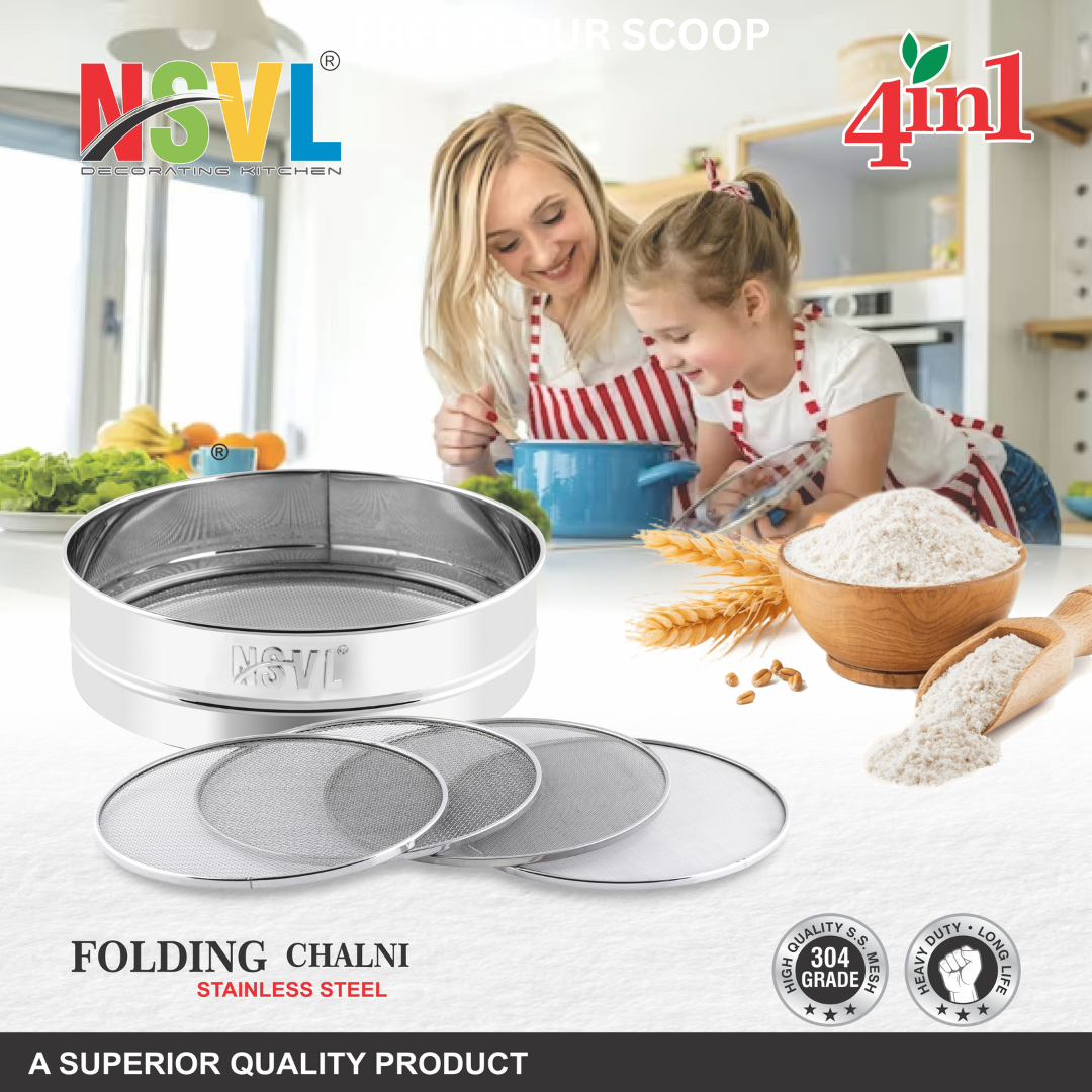 Nsvl Lite Stainless Steel 4 in 1 Interchangeable Sieve/Chalni 1 Unit | Set of 5 | Silver | Gehu/Flour/Atta/Maida Chalni/Spices/Food Strainers
