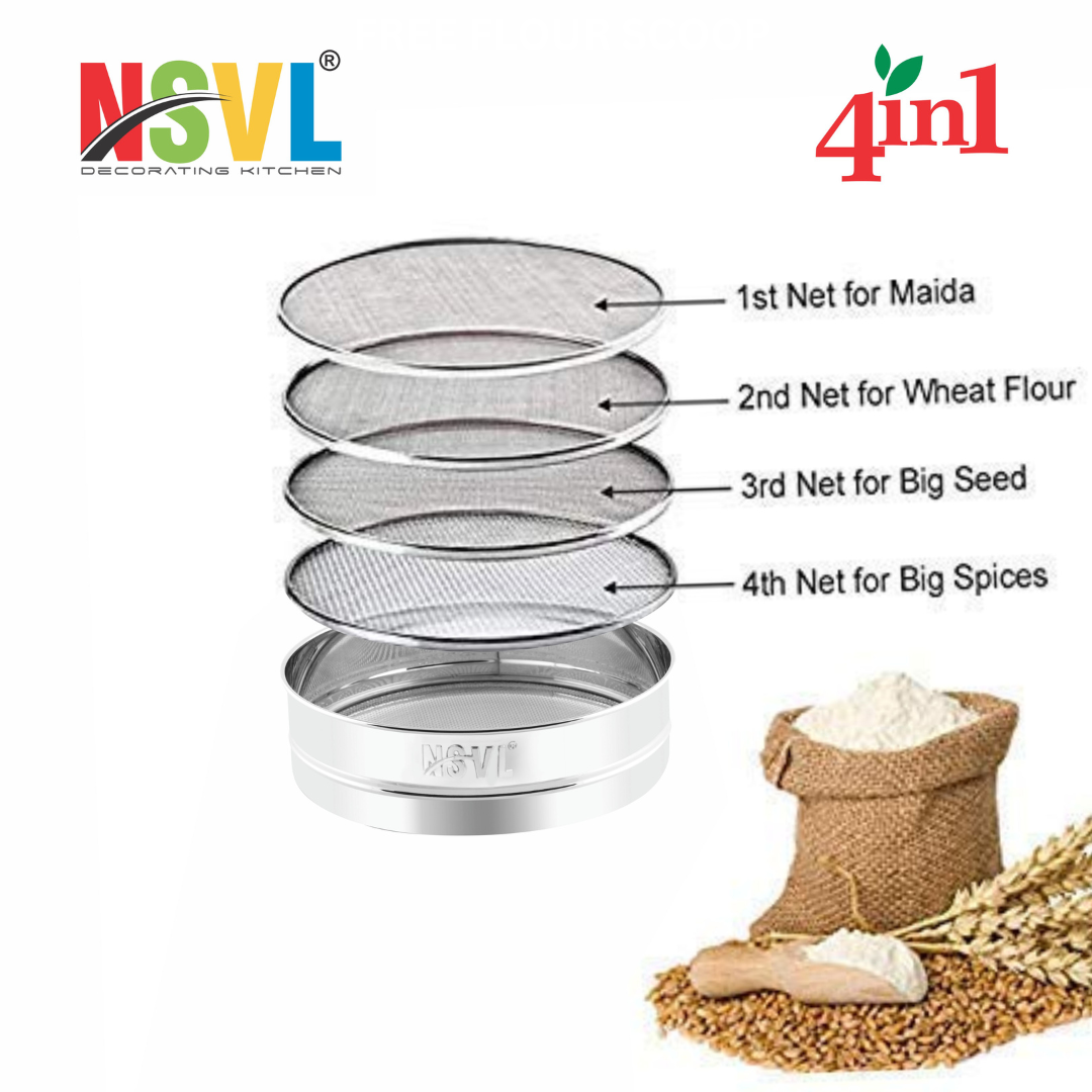 Nsvl Lite Stainless Steel 4 in 1 Interchangeable Sieve/Chalni 1 Unit | Set of 5 | Silver | Gehu/Flour/Atta/Maida Chalni/Spices/Food Strainers