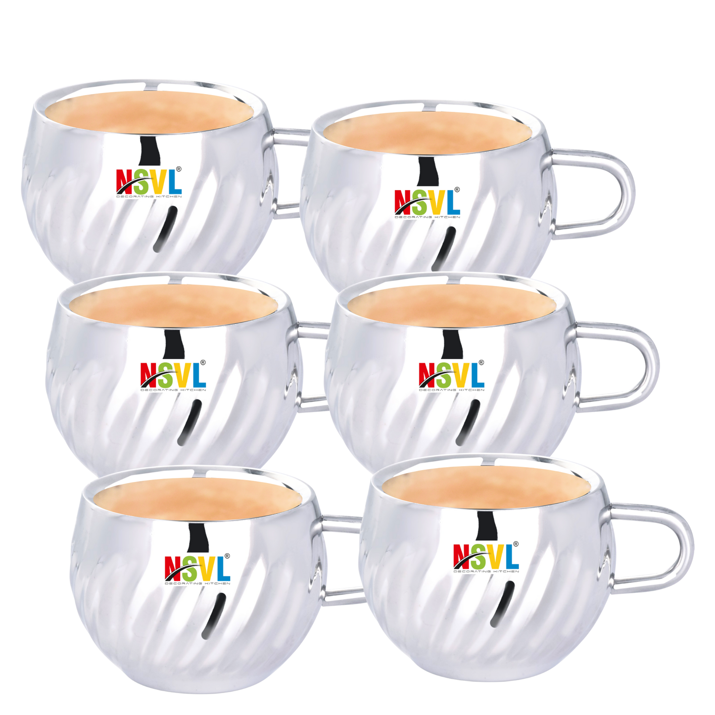 Nsvl 100% Stainless Steel Waves Tea Cups Set of 6 Pcs | Double Wall Tea & Coffee Cups | Mirror Finish Cups | Laser Design, Break Resistant