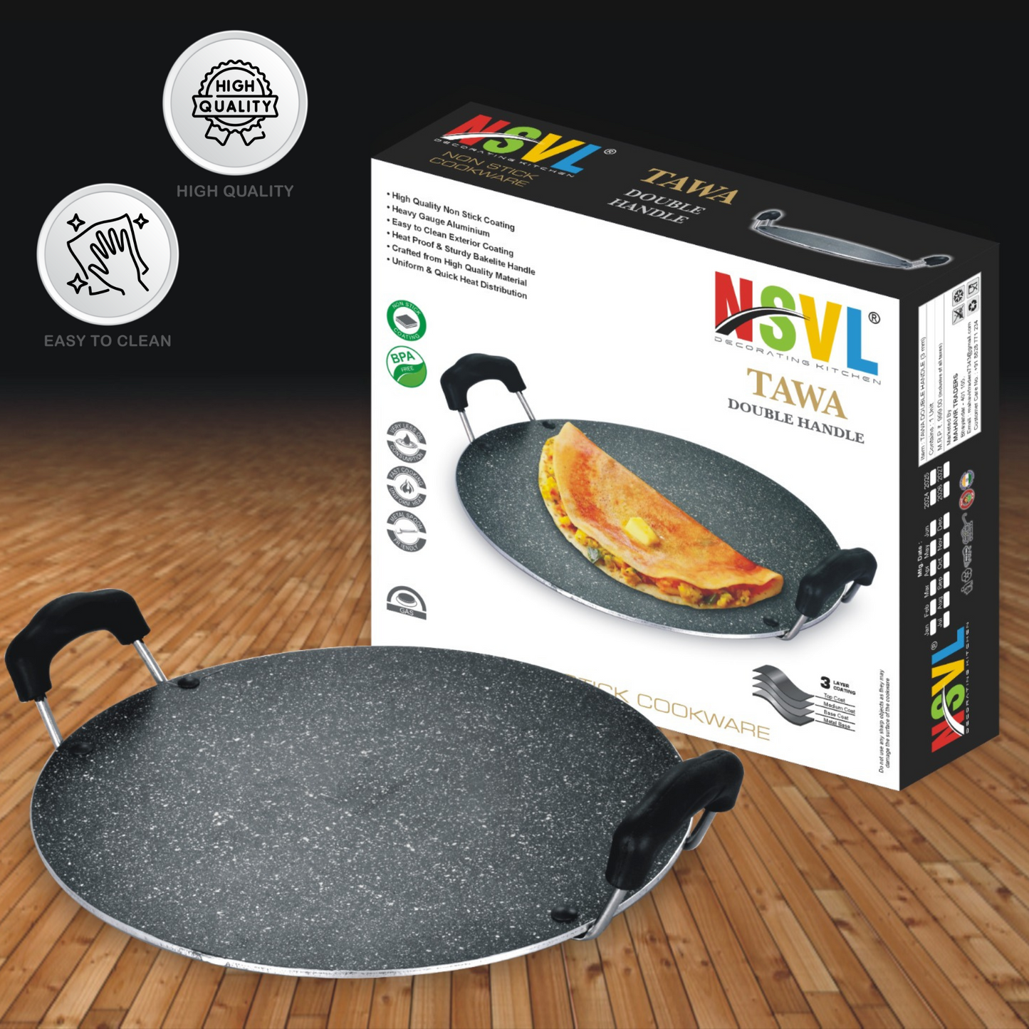 NSVL Non Stick Aluminium Heavy Duty Double Handle Flat Spatter Finish Tawa, 300 mm, (Black)