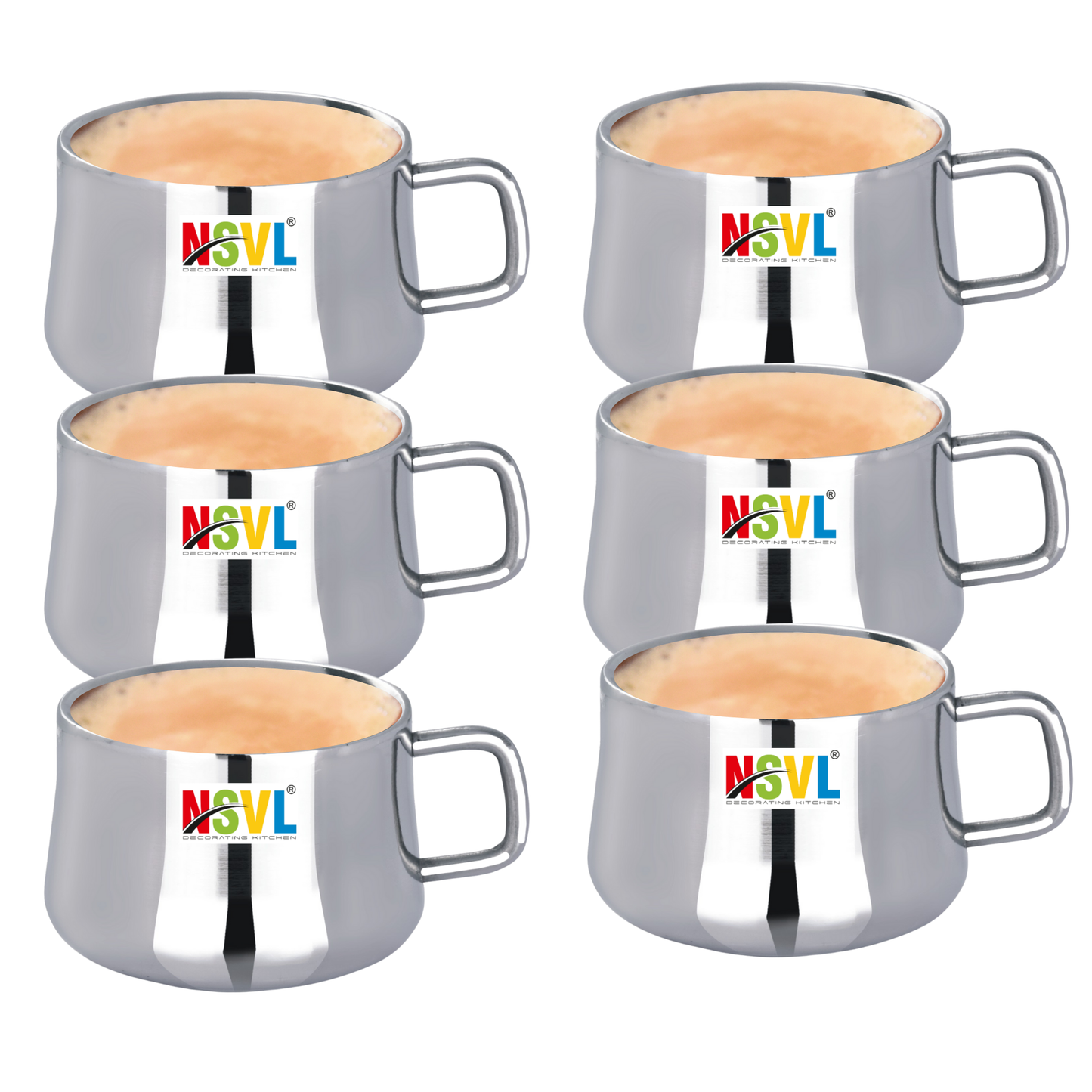 Nsvl 100% Stainless Steel Chandramukhi Tea Cups Set of 6 Pcs | Double Wall Tea & Coffee Cups | Mirror Finish Cups | Laser Design, Break Resistant