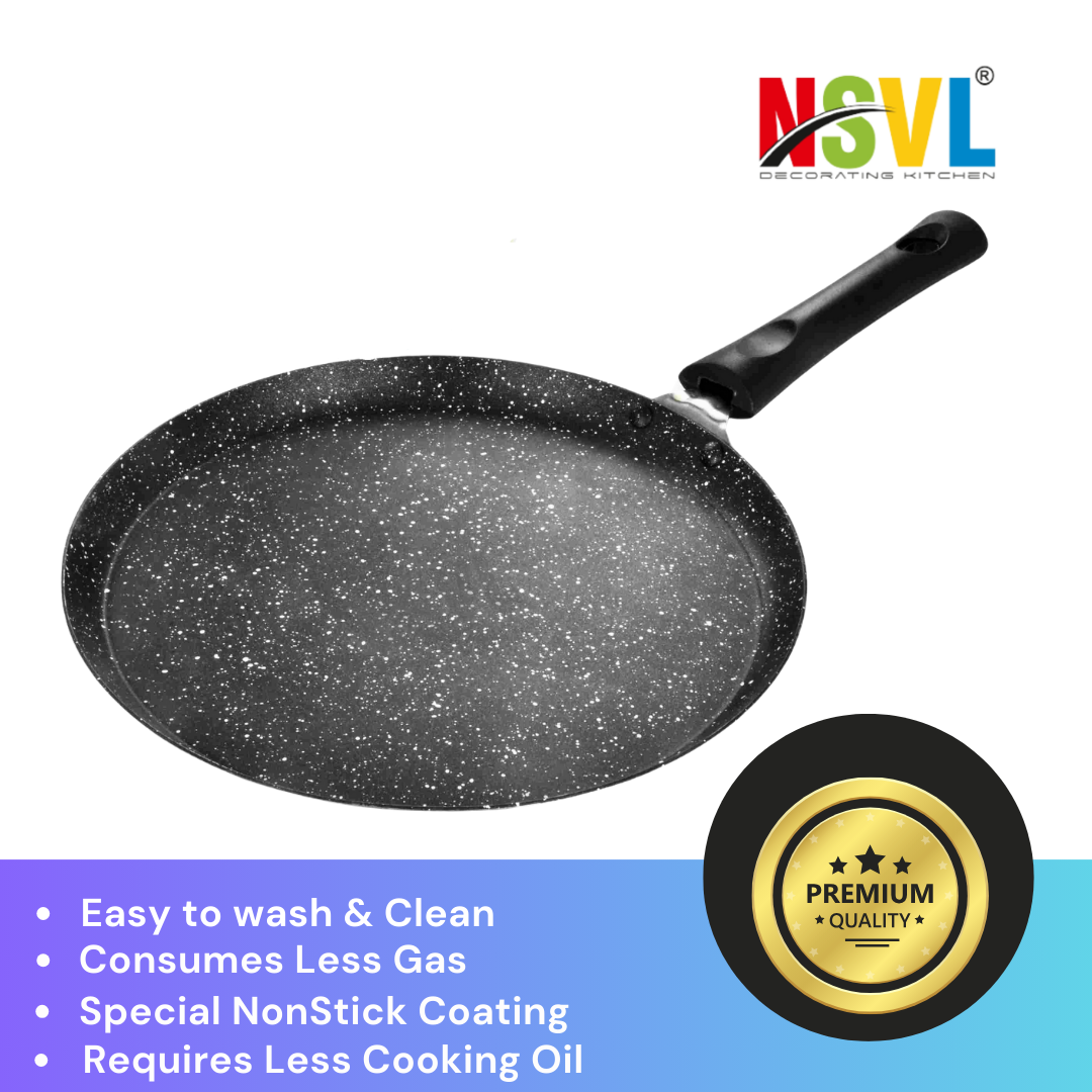 NSVL Aluminium Non-Stick Dosa Tawa with Handle| Granite Finish | Pfoa Free | High Temperature Resistant Exterior Coating | 26.5Cm | Black