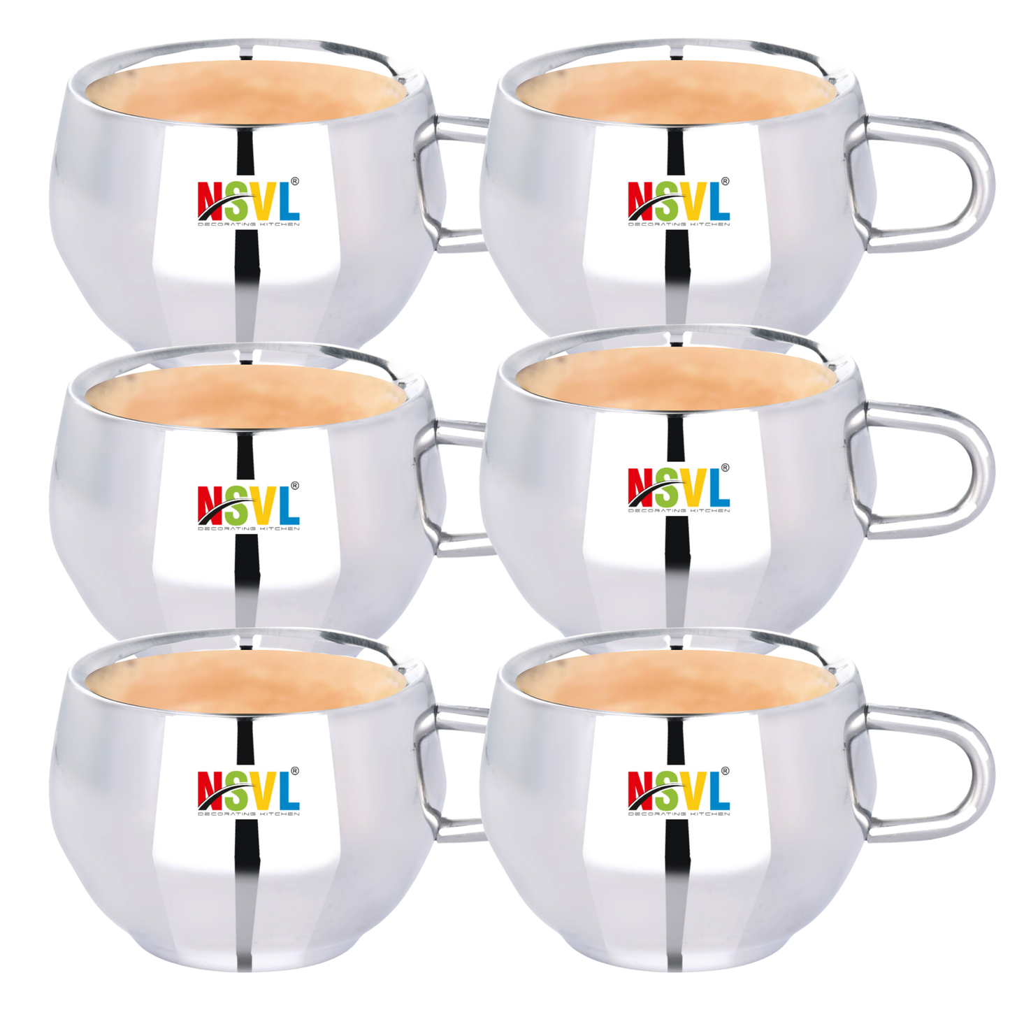 Nsvl 100% Stainless Steel Matka Tea Cups Set of 6 Pcs | Double Wall Tea & Coffee Cups | Mirror Finish Cups | Laser Design, Break Resistant