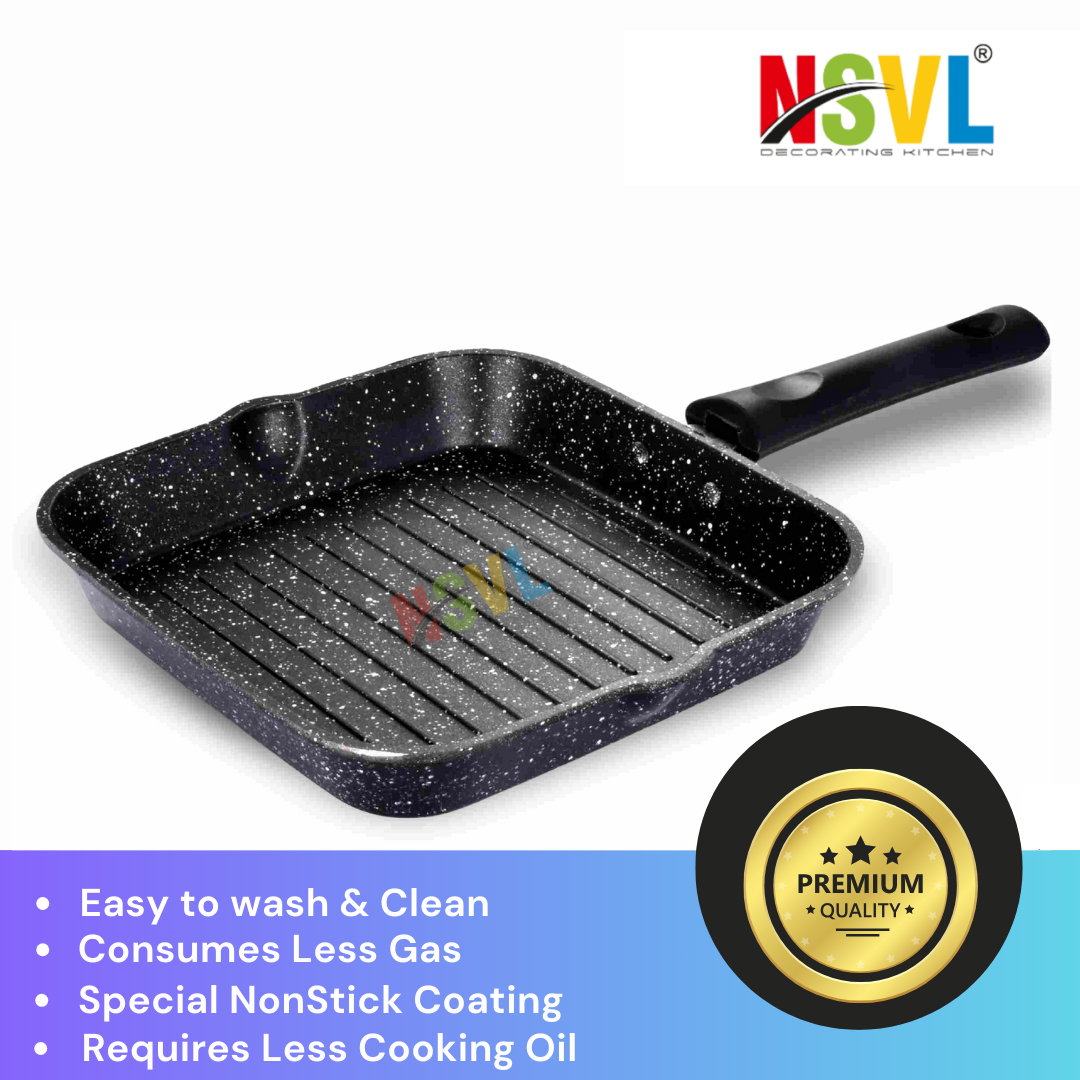 NSVL Non Stick Grill Pan Aluminium Square Gas Stove Compatible Grill Pan Grill Pan 22 cm diameter 1 L capacity (Aluminium, Non-stick)