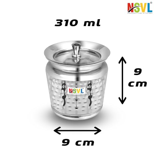 Nsvl Stainless Steel Multipurpose Ghee Pot/Pickle Container, 310 ml, With Spoon, (Hammered Design)