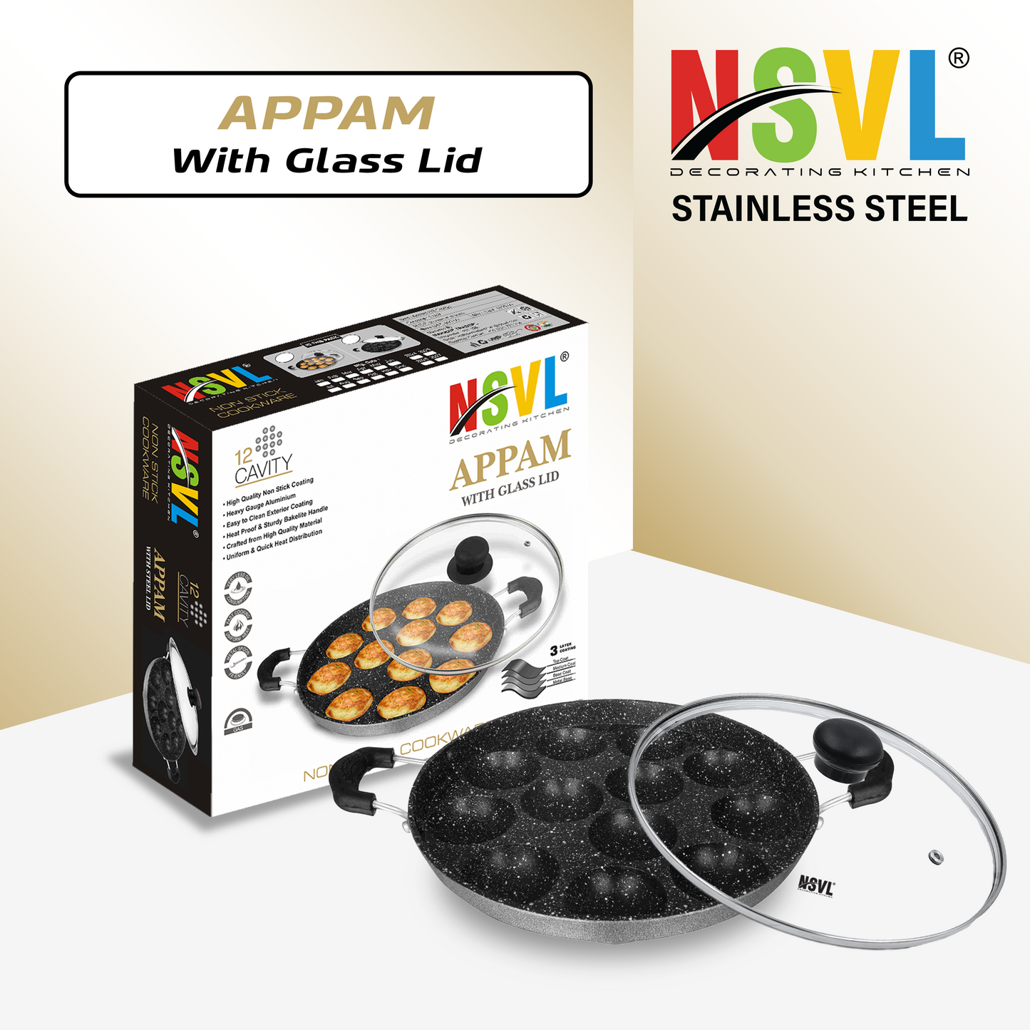 NSVL Heavy-BASE Non-Stick 12 Cavity Appam Patra with Lid | Appam Maker | Appam Patra | Appam pan | Litti Maker | Appe Stand