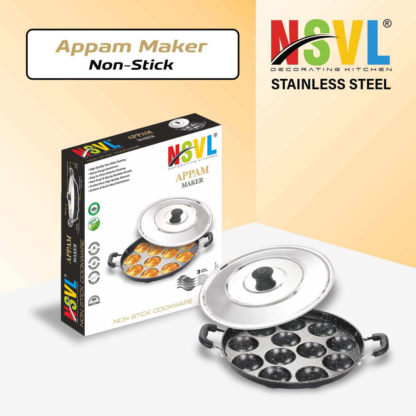 NSVL Non Stick 12 Cavity Appam Patra Handle with Lid, Paniyarakkal | Paniyaram | Appam Pan | Aebleskiver Maker