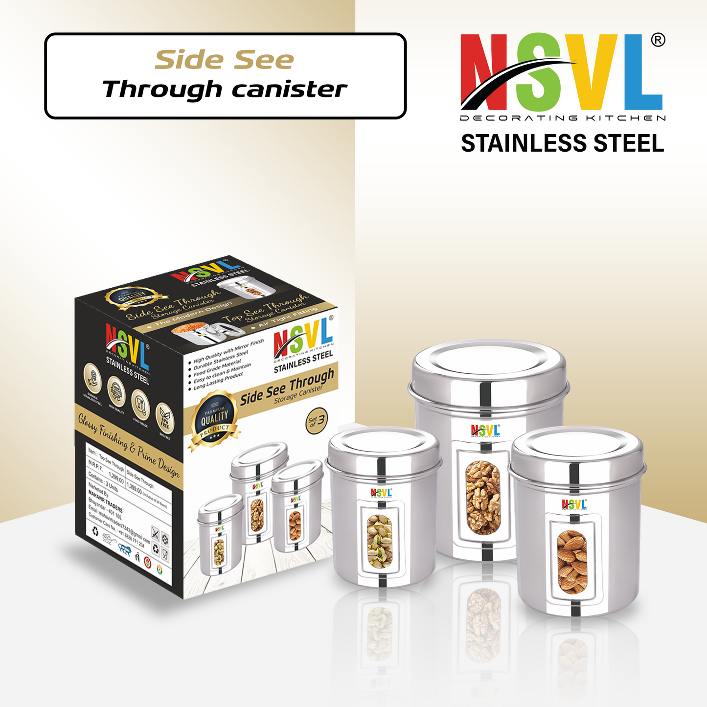 NSVL Stainless Steel See Through Dabba | 3 Size Of Dabba 1200ml , 800ml , 550 ml |Storage Container | Kitchen Container | Silver Colour Pack of 3