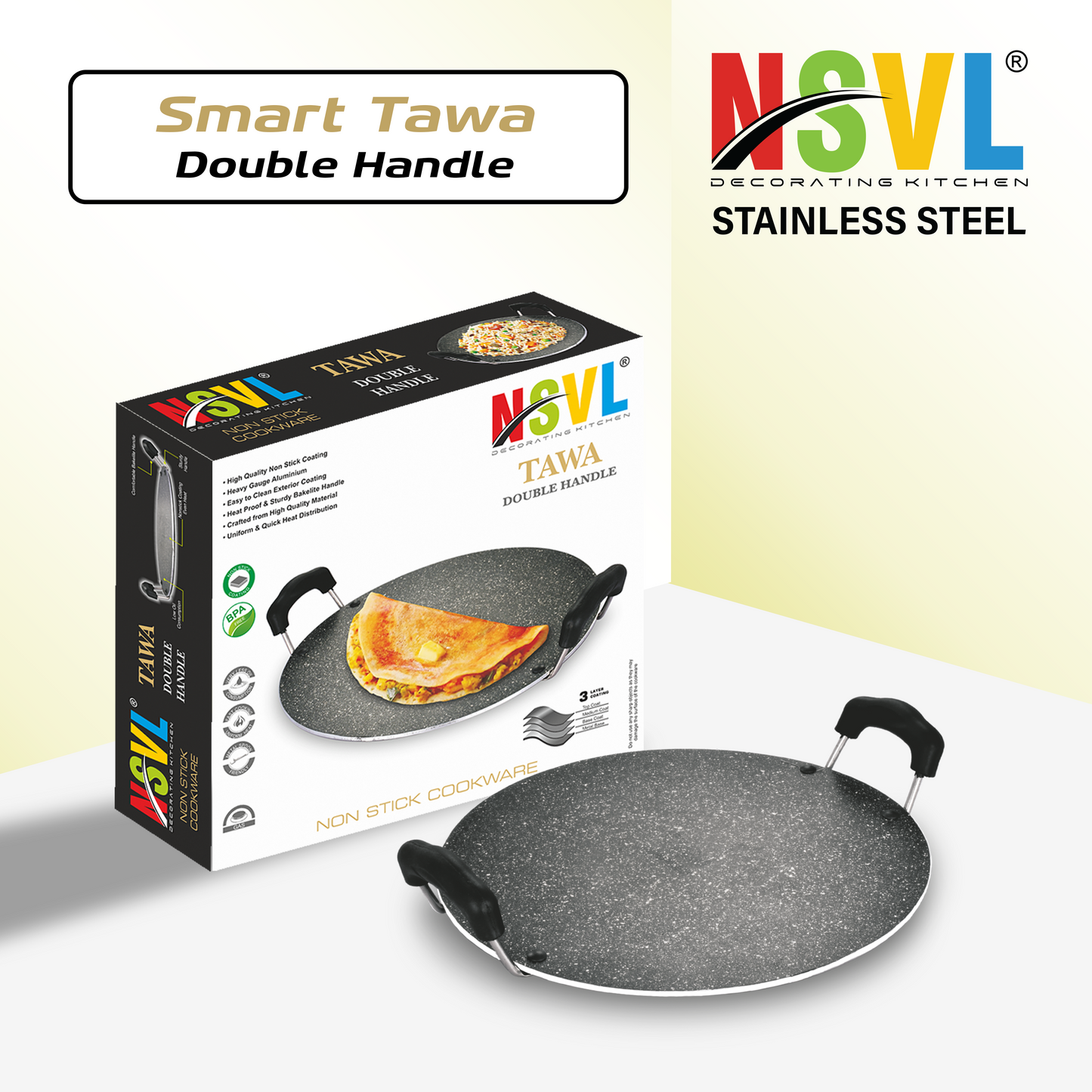 NSVL Non Stick Aluminium Heavy Duty Double Handle Flat Spatter Finish Tawa, 300 mm, (Black)