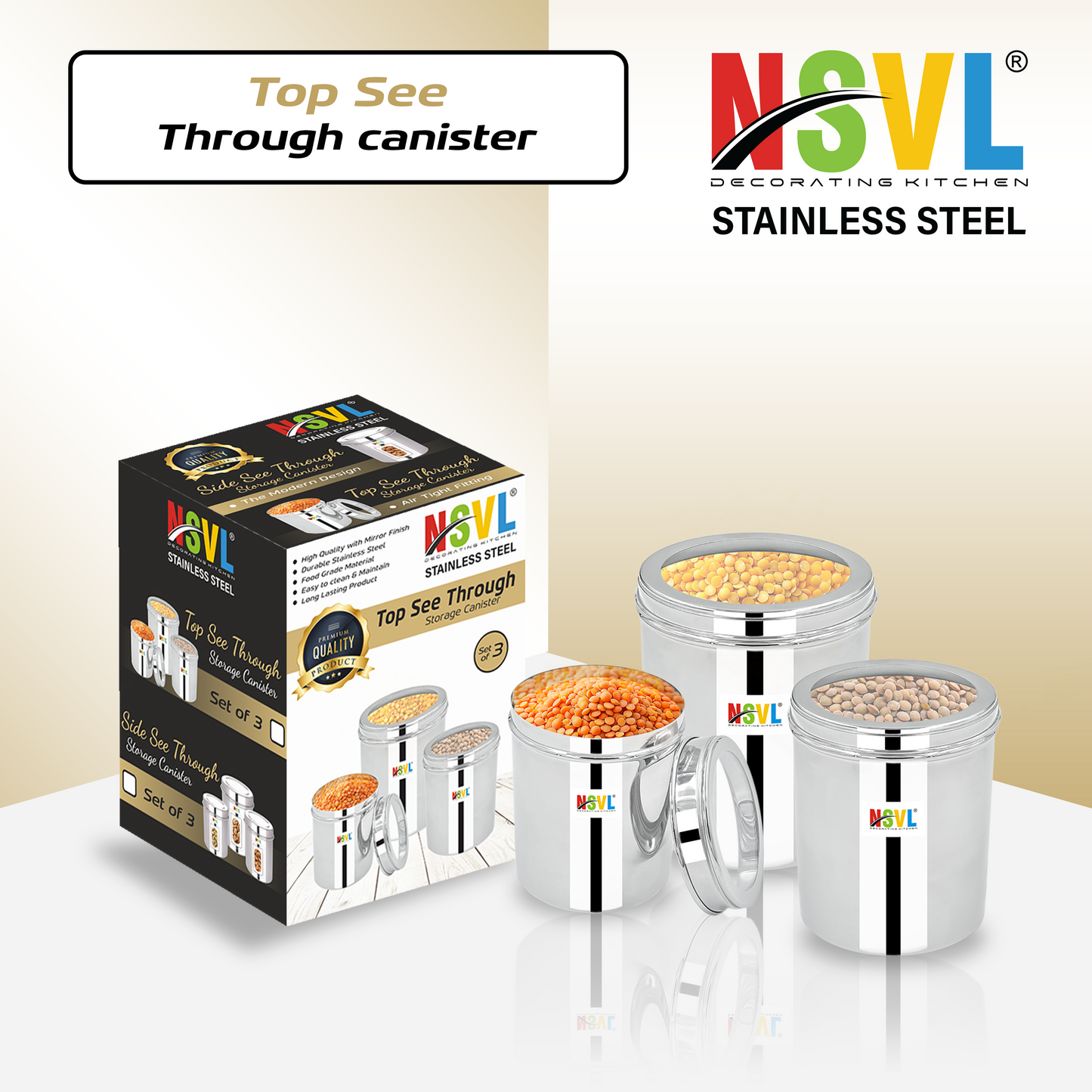 NSVL Stainless Steel See Through Dabba | 3 Size Of Dabba 1200ml , 800ml , 550 ml |Storage Container | Kitchen Container | Silver Colour Pack of 3