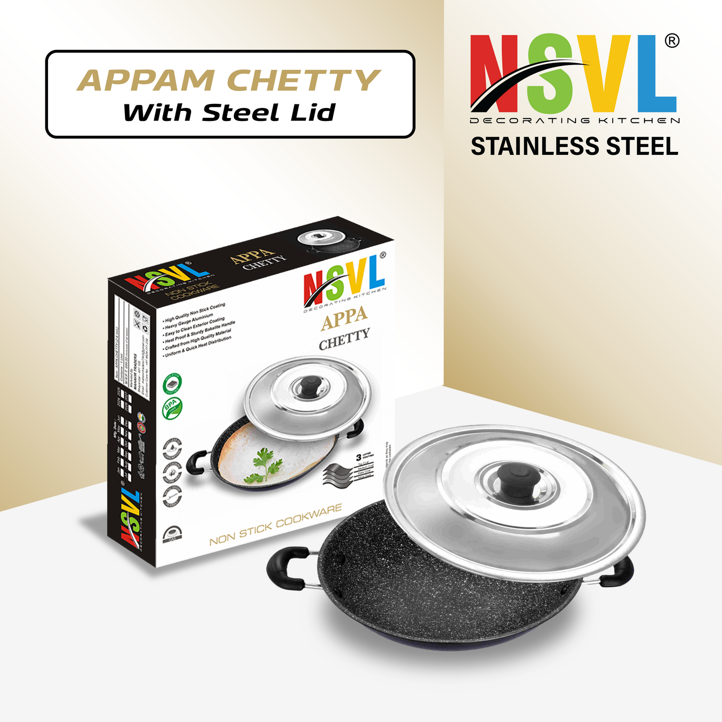 Nsvl Non-Stick Appa Chetty, Aluminium Appachatty, 23cm Diameter, Appachatti, Gas Compatible