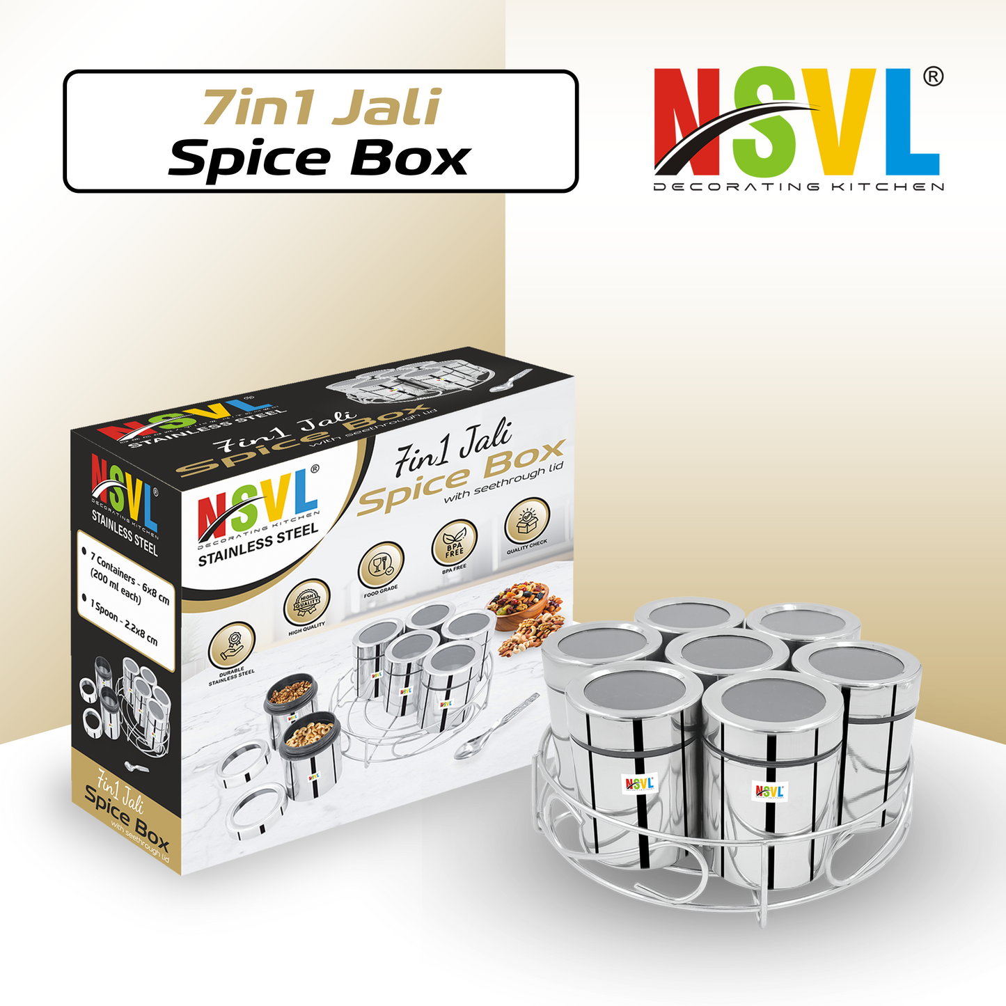 NSVL 7 IN 1 Stainless Steel Masala Box for Kitchen | Spice Box | Masala Container | Masala Dani with individual See through lid 1.5 Ltr