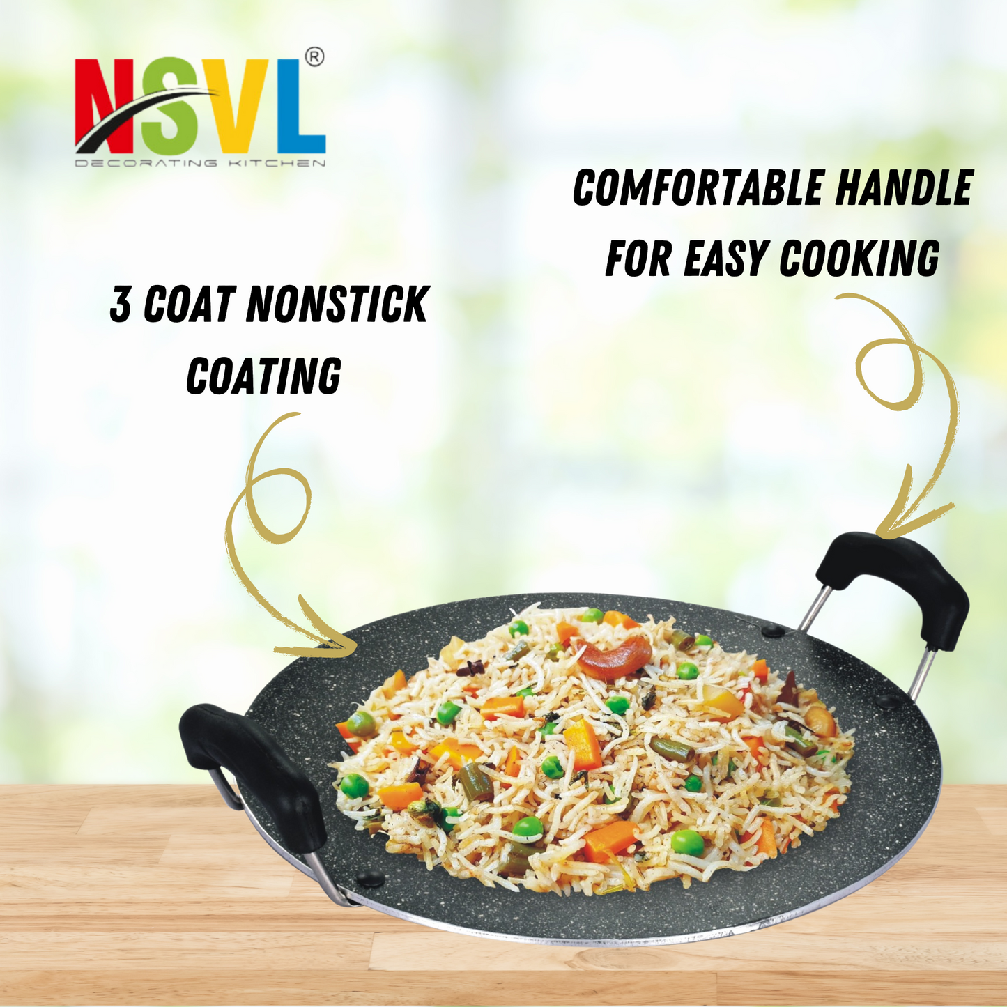 NSVL Non Stick Aluminium Heavy Duty Double Handle Flat Spatter Finish Tawa, 300 mm, (Black)