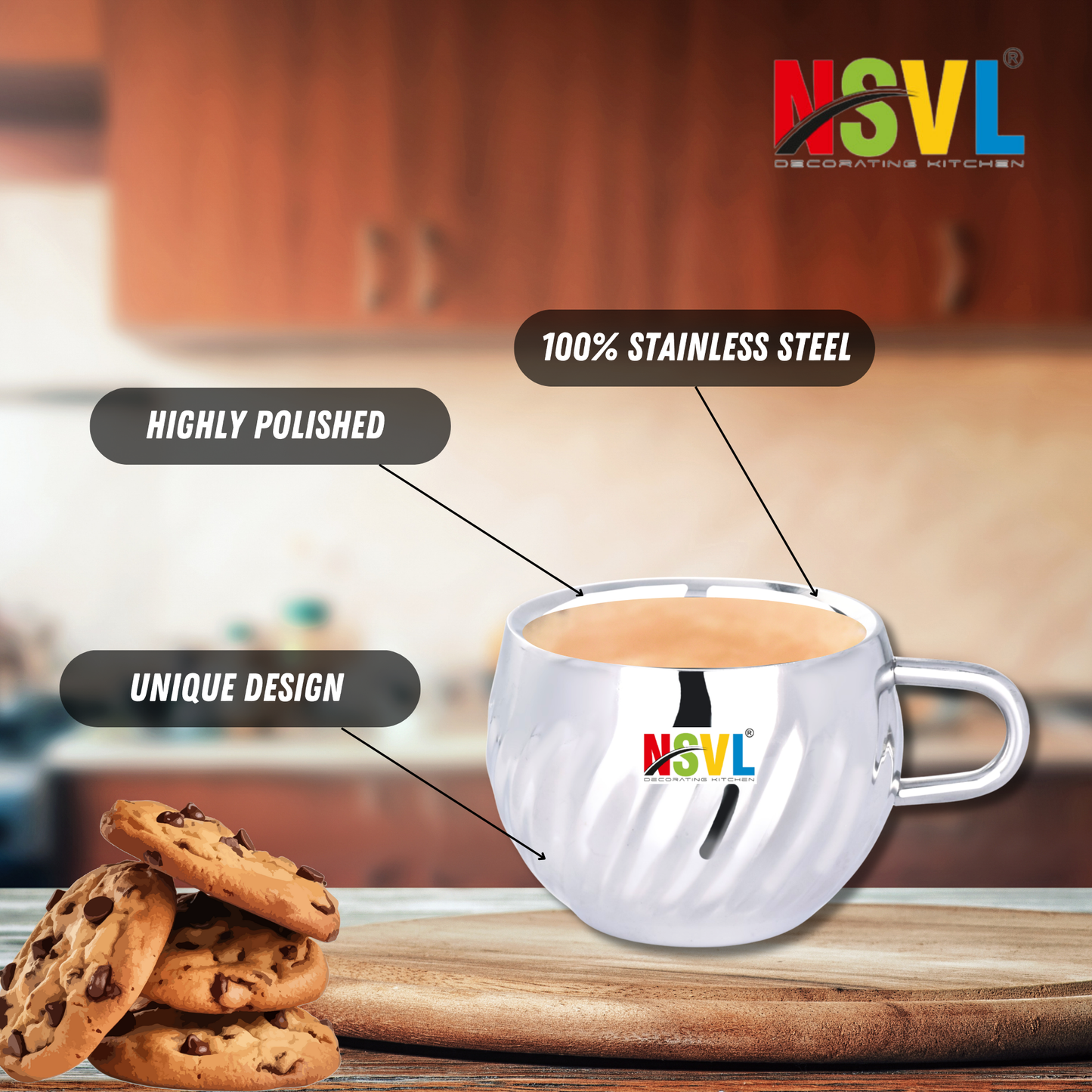 Nsvl 100% Stainless Steel Waves Tea Cups Set of 6 Pcs | Double Wall Tea & Coffee Cups | Mirror Finish Cups | Laser Design, Break Resistant