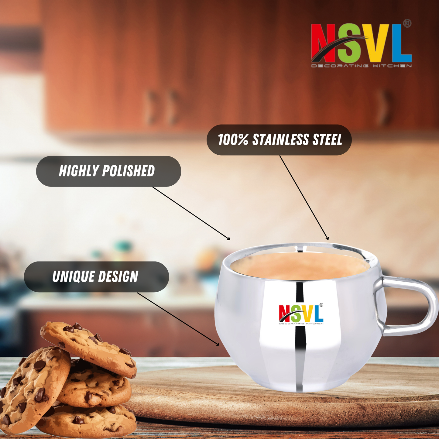 Nsvl 100% Stainless Steel Matka Tea Cups Set of 6 Pcs | Double Wall Tea & Coffee Cups | Mirror Finish Cups | Laser Design, Break Resistant