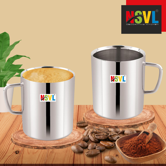 NSVL Stainless Steel Premium Double Wall Coffee Mug, Set of 2 (250ML Each) | Tea Cup with Handle and Flat Base