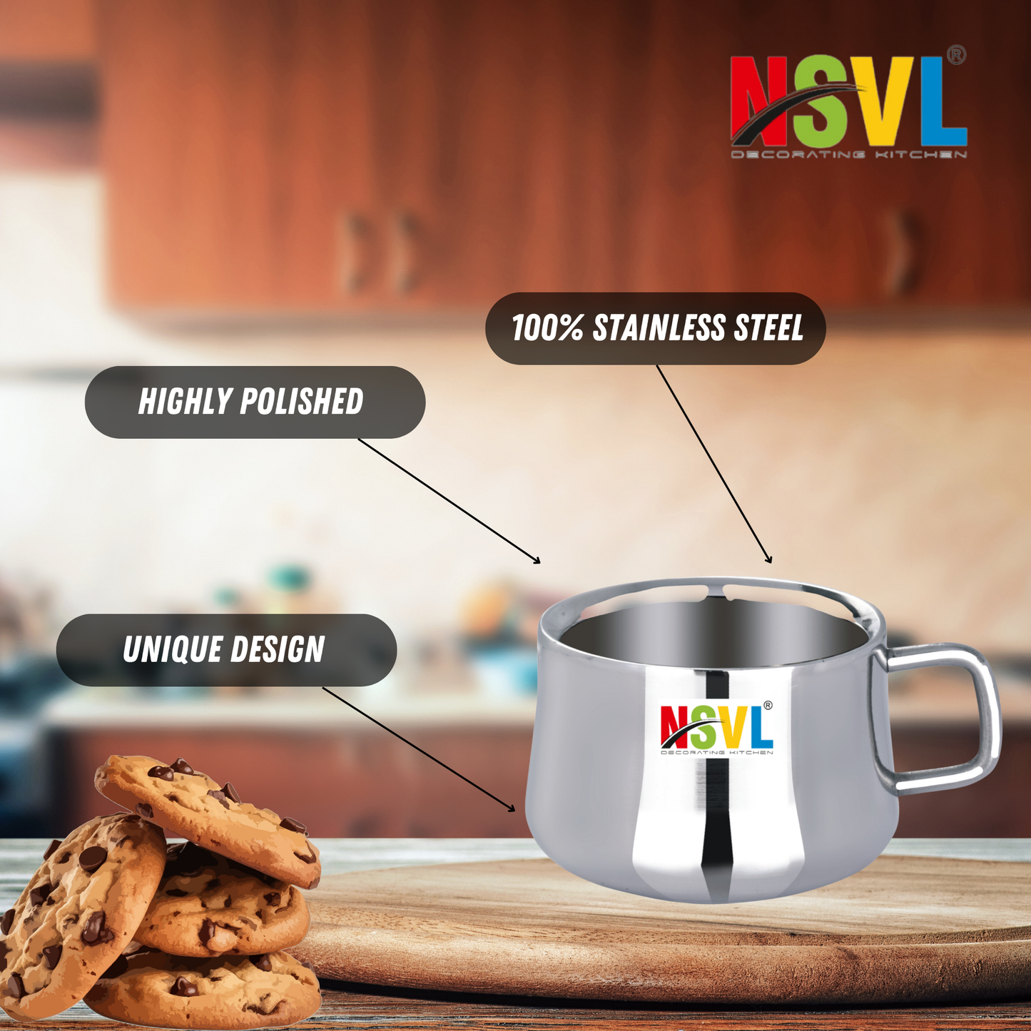 Nsvl 100% Stainless Steel Chandramukhi Tea Cups Set of 6 Pcs | Double Wall Tea & Coffee Cups | Mirror Finish Cups | Laser Design, Break Resistant