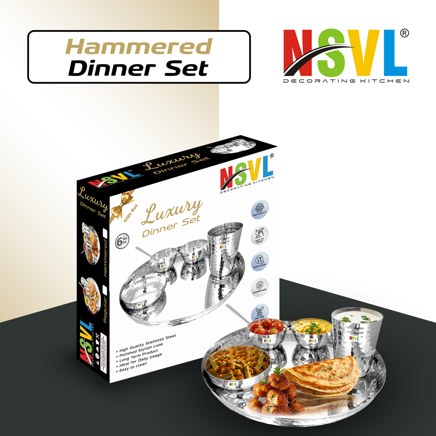 NSVL Stainless Steel Dinner Set of 6 Pieces (1 Set)|Premium Luxury Thali Set | Dinner Set Combo