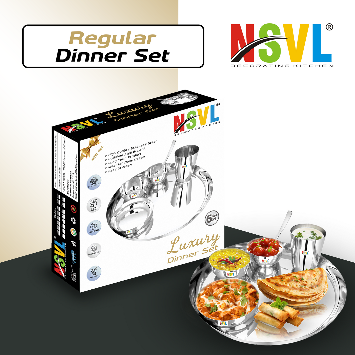 NSVL Stainless Steel Dinner Set of 6 Pieces (1 Set)|Premium Luxury Thali Set | Dinner Set Combo