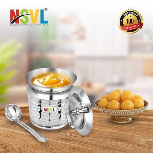 Nsvl Stainless Steel Multipurpose Ghee Pot/Pickle Container, 310 ml, With Spoon, (Hammered Design)