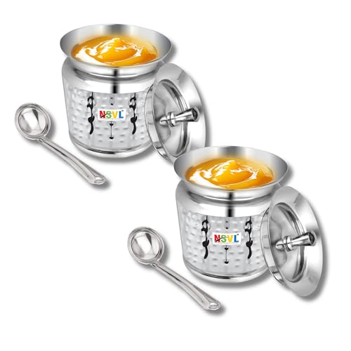 Nsvl Stainless Steel Multipurpose Ghee Pot/Pickle Container, 310 ml, With Spoon, (Hammered Design)