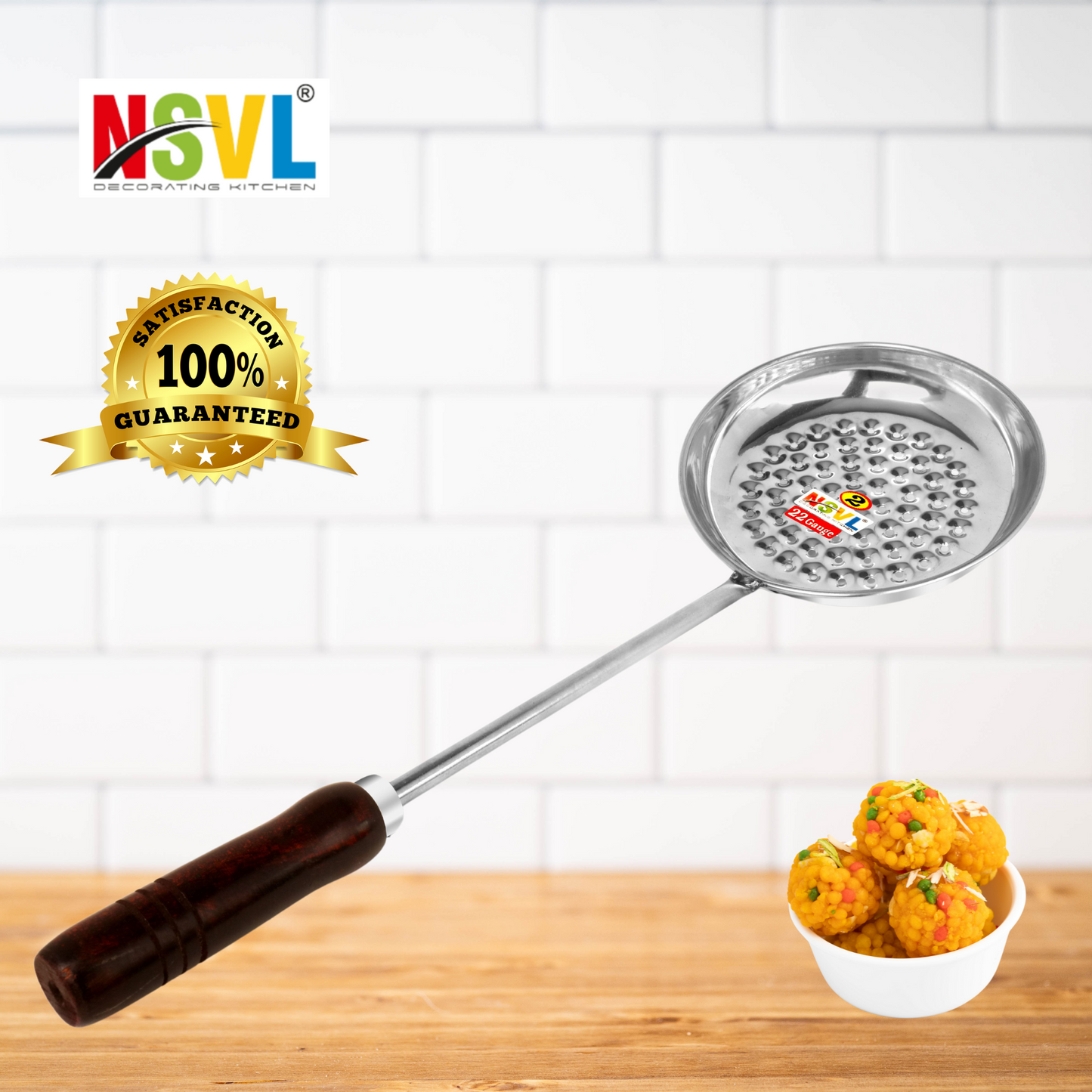 Nsvl Boondi Maker Stainless Steel | Multipurpose Boondi Jhara for Boondi Raita and Boondi Laddu Sweets with Wooden Handle for Firm Grip, Silver (Exclusive Black Handle)