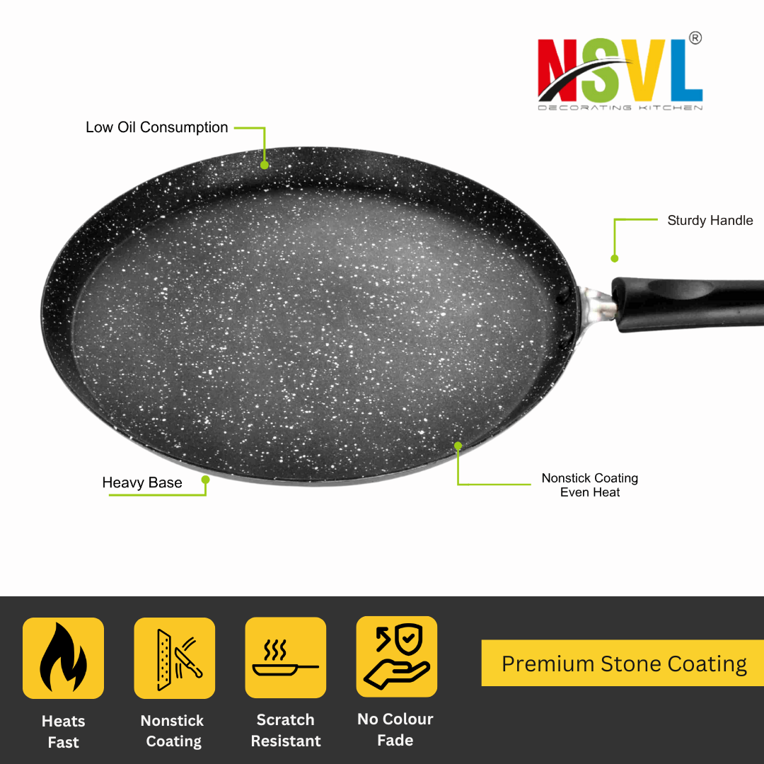 Nsvl Aluminium Non-Stick Dosa Tawa with Handle| Granite Finish | Pfoa Free | High Temperature Resistant Exterior Coating | 25 Cm | Black (DOSA TAWA/APPAM Combo)