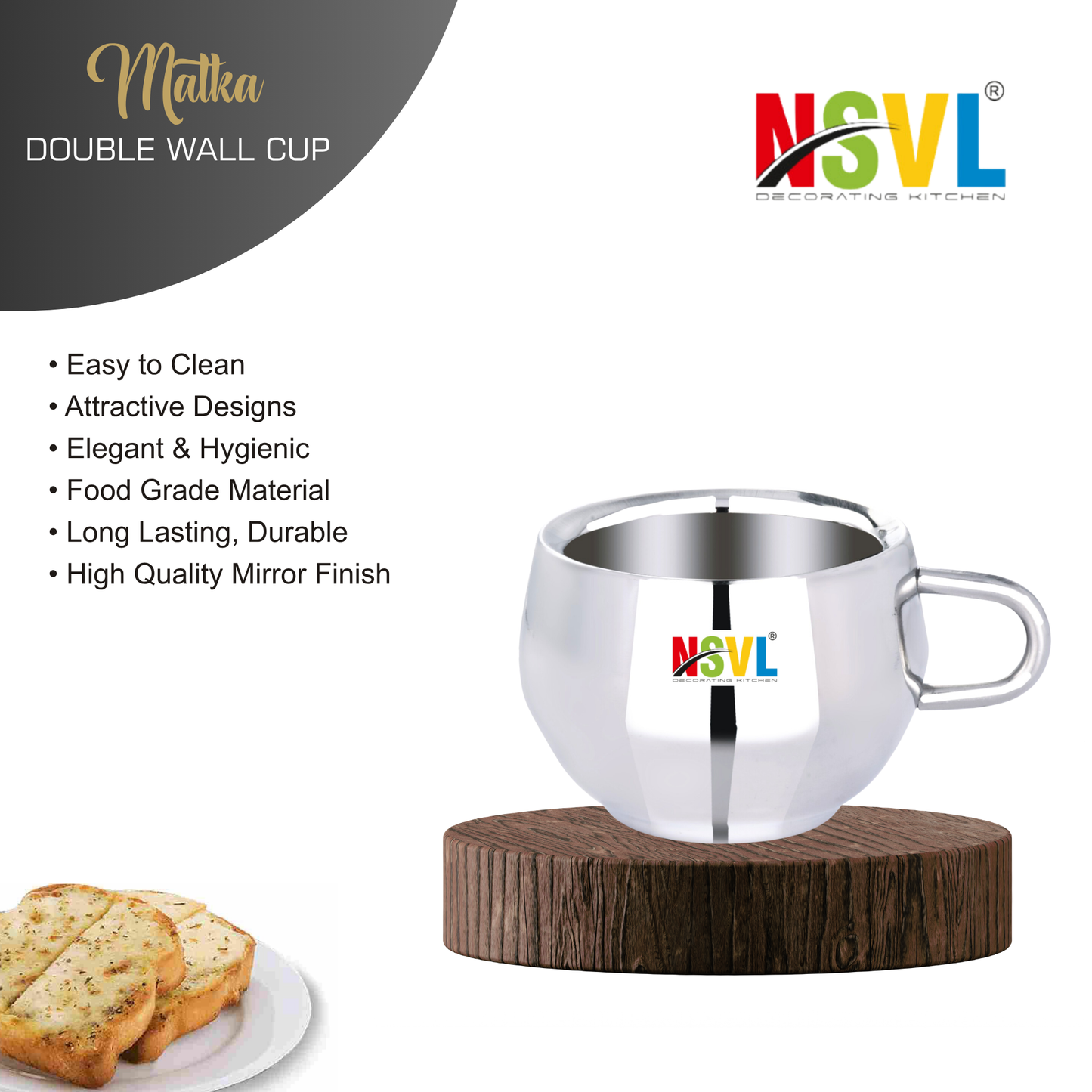 Nsvl 100% Stainless Steel Matka Tea Cups Set of 6 Pcs | Double Wall Tea & Coffee Cups | Mirror Finish Cups | Laser Design, Break Resistant