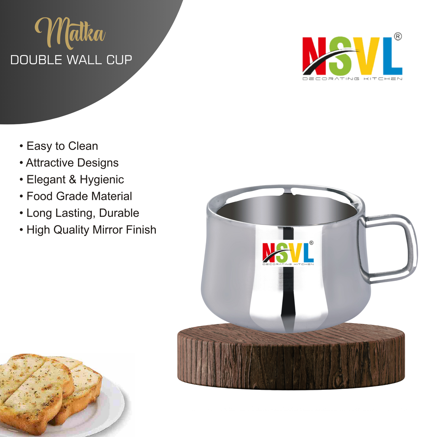 Nsvl 100% Stainless Steel Chandramukhi Tea Cups Set of 6 Pcs | Double Wall Tea & Coffee Cups | Mirror Finish Cups | Laser Design, Break Resistant