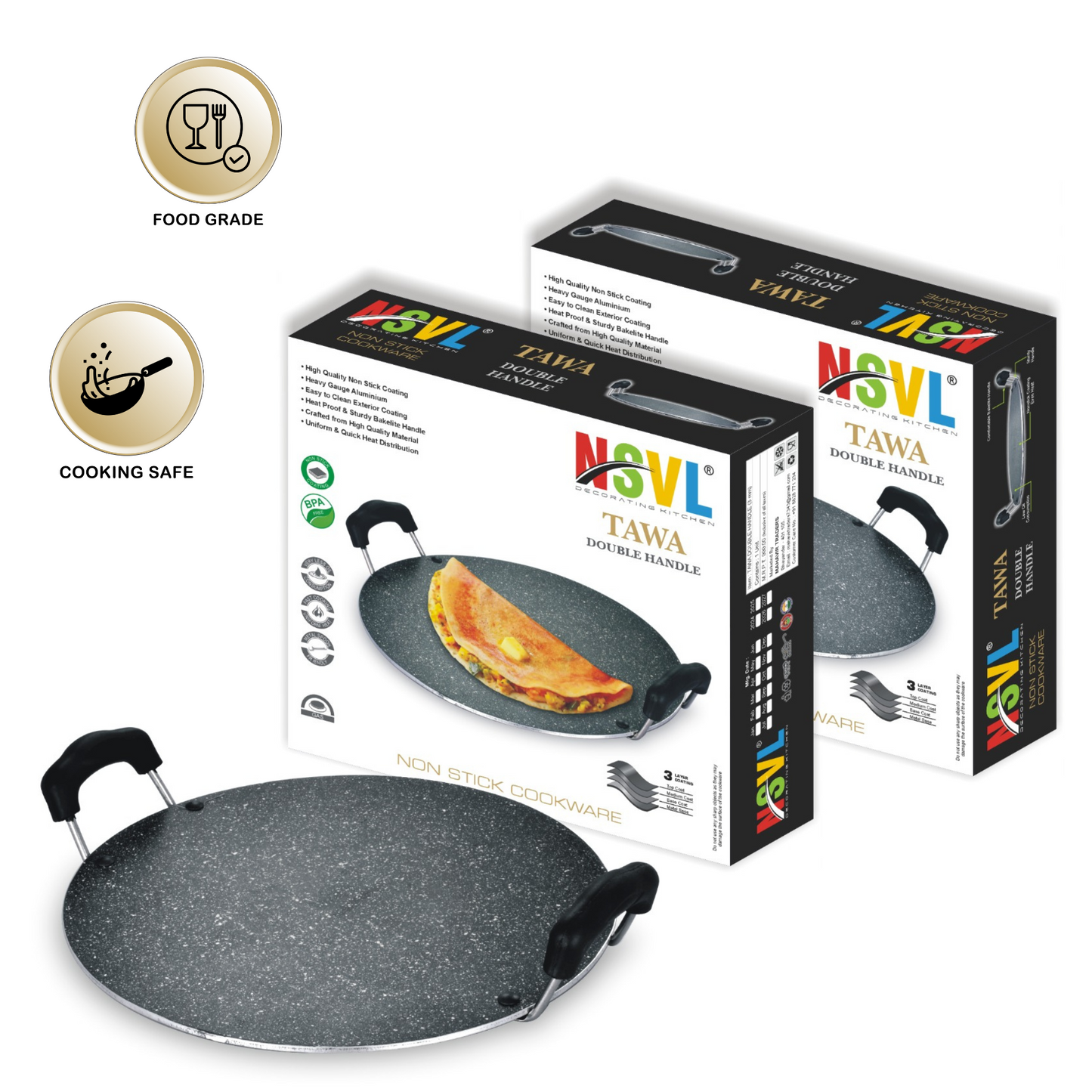 NSVL Non Stick Aluminium Heavy Duty Double Handle Flat Spatter Finish Tawa, 300 mm, (Black)
