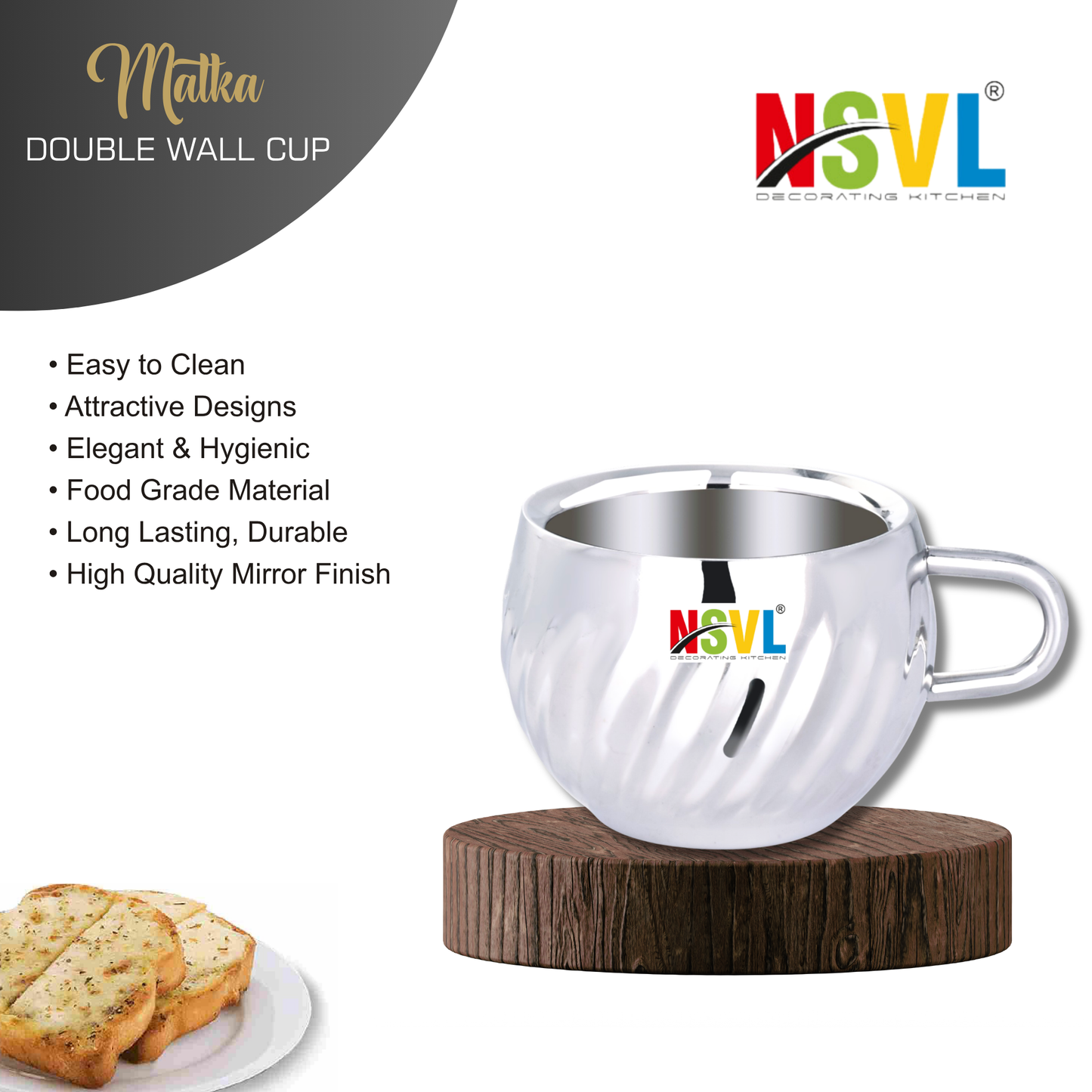 Nsvl 100% Stainless Steel Waves Tea Cups Set of 6 Pcs | Double Wall Tea & Coffee Cups | Mirror Finish Cups | Laser Design, Break Resistant