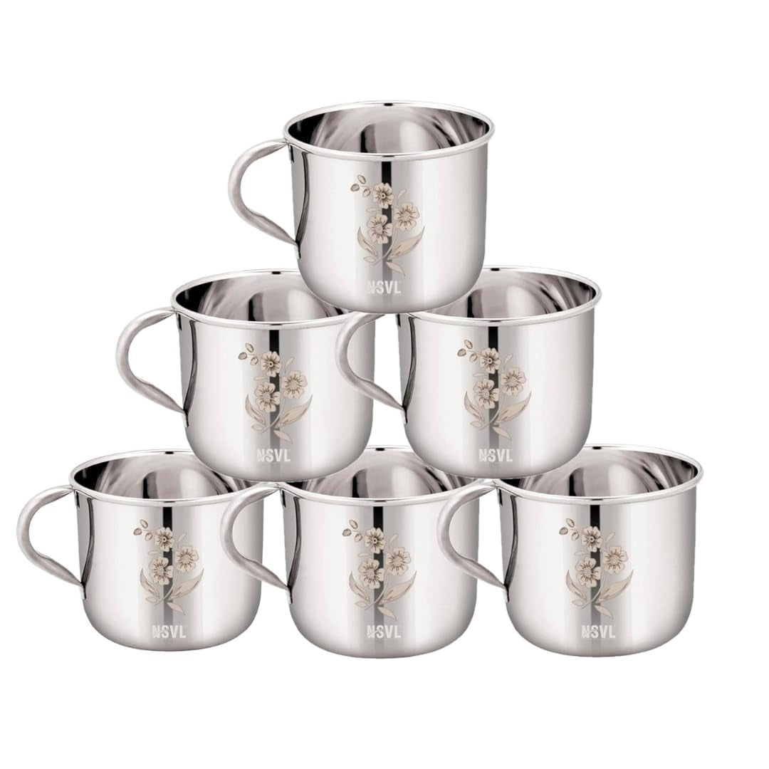 Nsvl Pack of 6 Stainless Steel Single Wall Tea Cup Set | Laser Design | Silver Mirror Finish | Break Resistant (Silver, Cup Set)