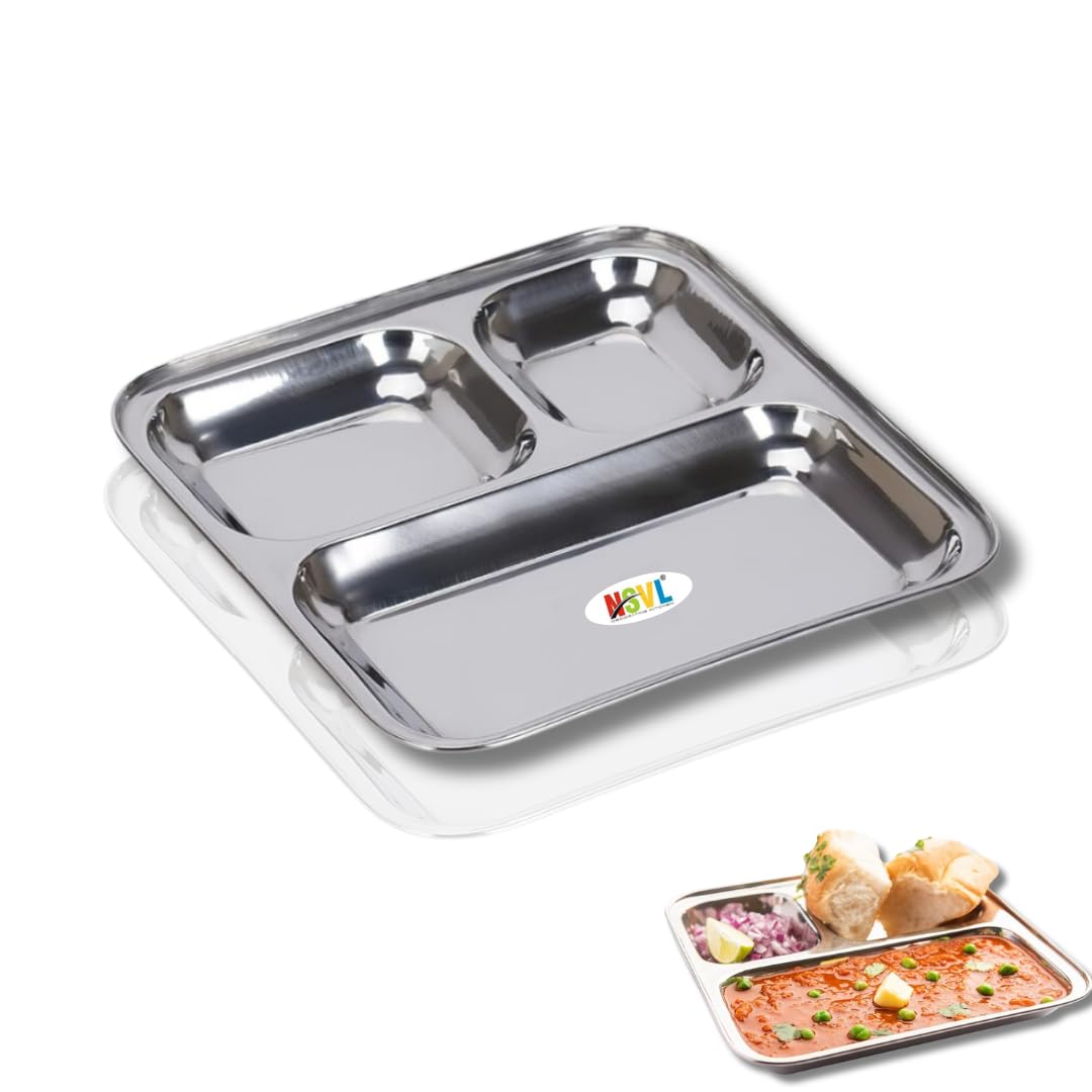 Nsvl Stainless Steel 3-in-1 Pav Bhaji Snack Plate, 24.5 cm Diameter, Silver