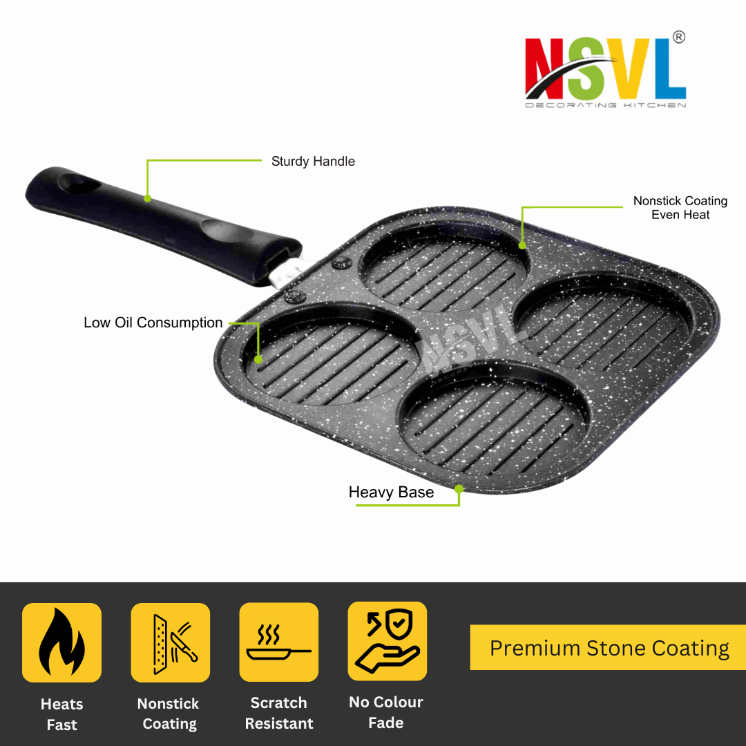 NSVL Non Stick Grill Pan Mini Pan Uttapam Tawa Aluminum Multi Snack Maker 4 Cavity, Pancake Maker (Black)
