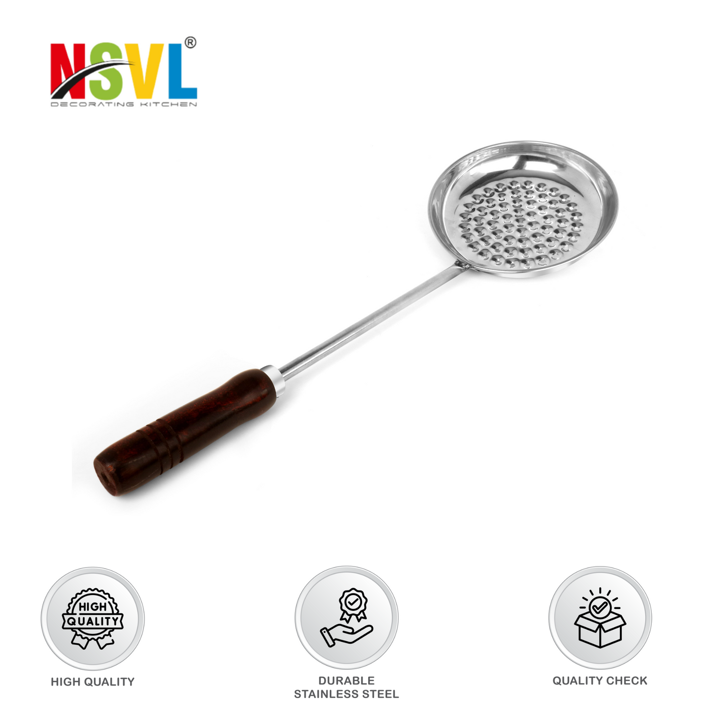 Nsvl Boondi Maker Stainless Steel | Multipurpose Boondi Jhara for Boondi Raita and Boondi Laddu Sweets with Wooden Handle for Firm Grip, Silver (Exclusive Black Handle)