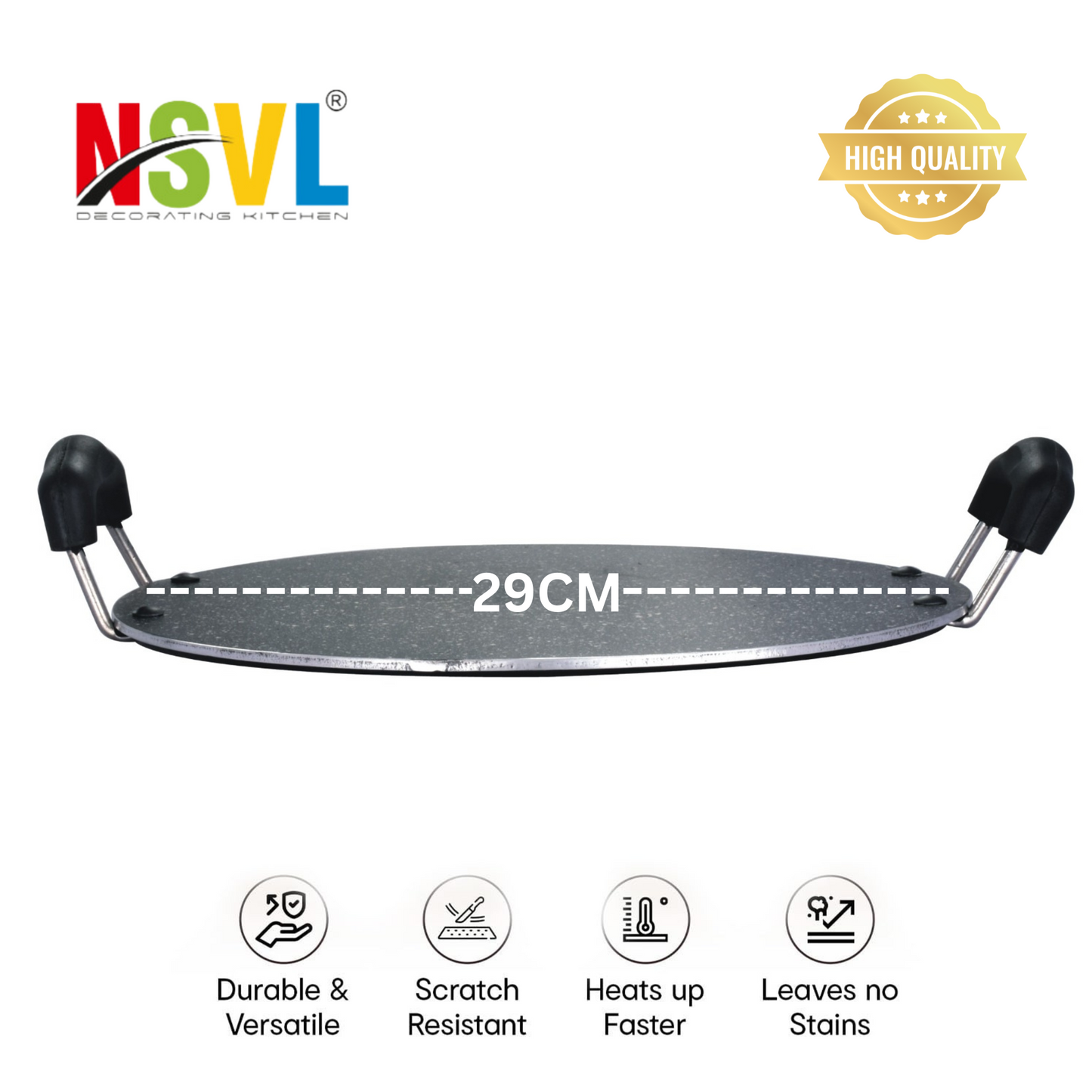 NSVL Non Stick Aluminium Heavy Duty Double Handle Flat Spatter Finish Tawa, 300 mm, (Black)