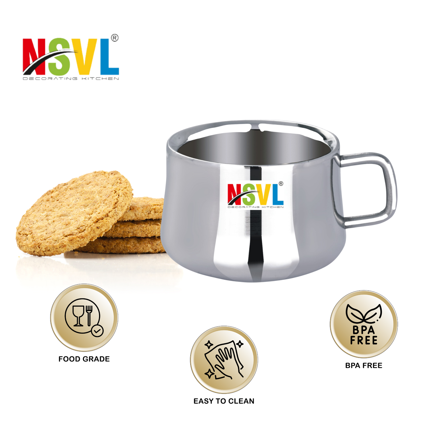 Nsvl 100% Stainless Steel Chandramukhi Tea Cups Set of 6 Pcs | Double Wall Tea & Coffee Cups | Mirror Finish Cups | Laser Design, Break Resistant